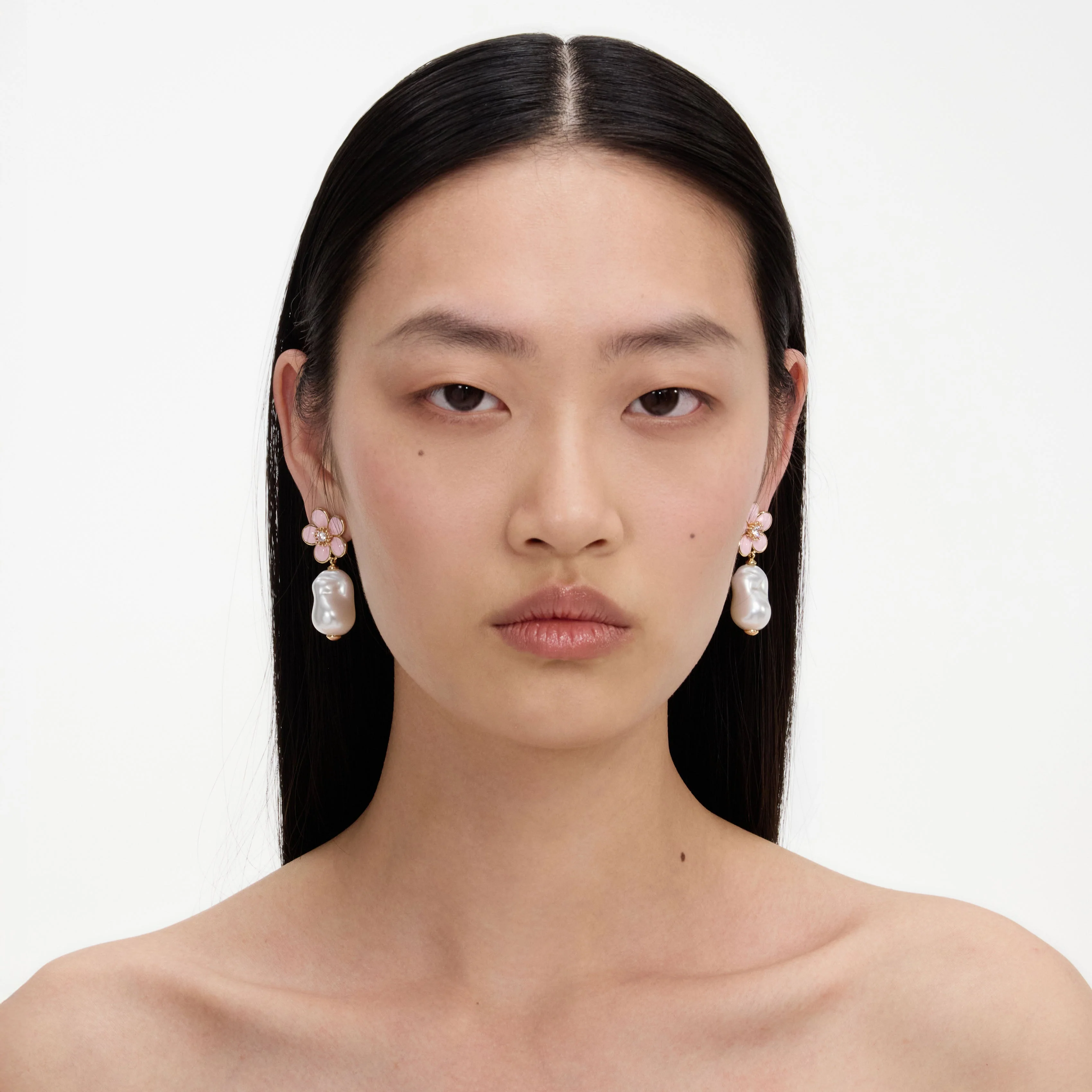 Pink Flower Pearl Drop Earrings - Image 4
