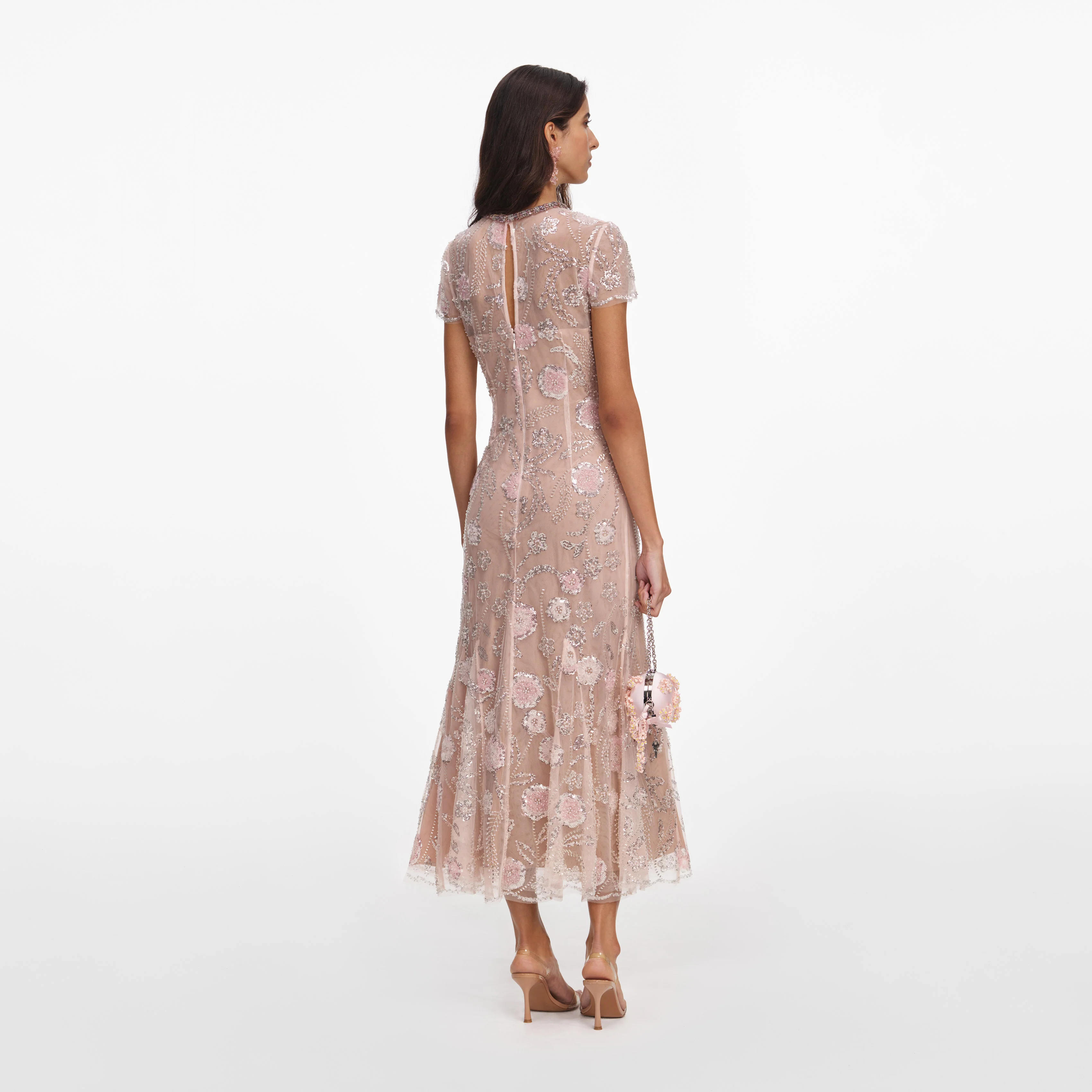 Pink Flower Sequin Embellished Midi Dress - Image 3