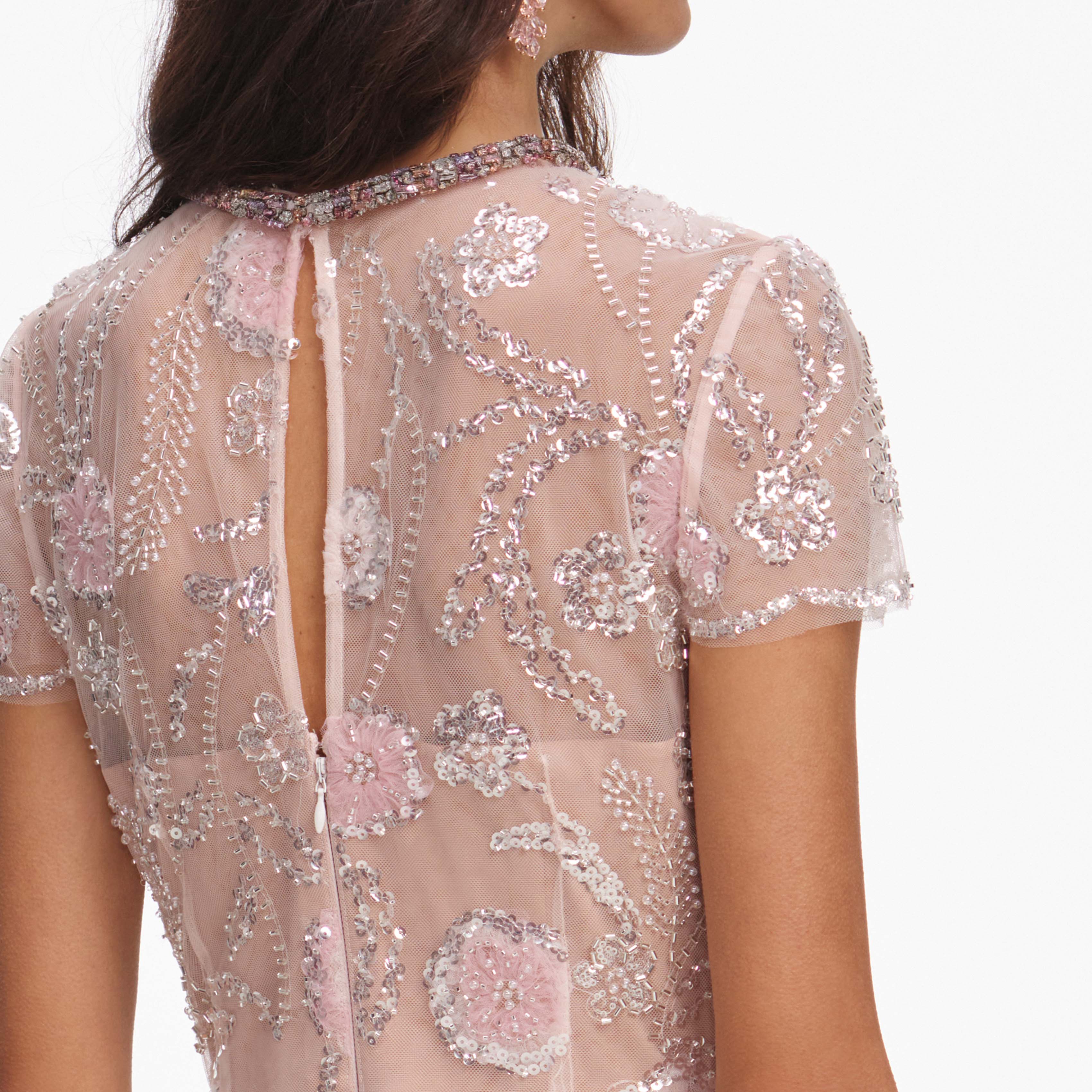 Pink Flower Sequin Embellished Midi Dress - Image 5