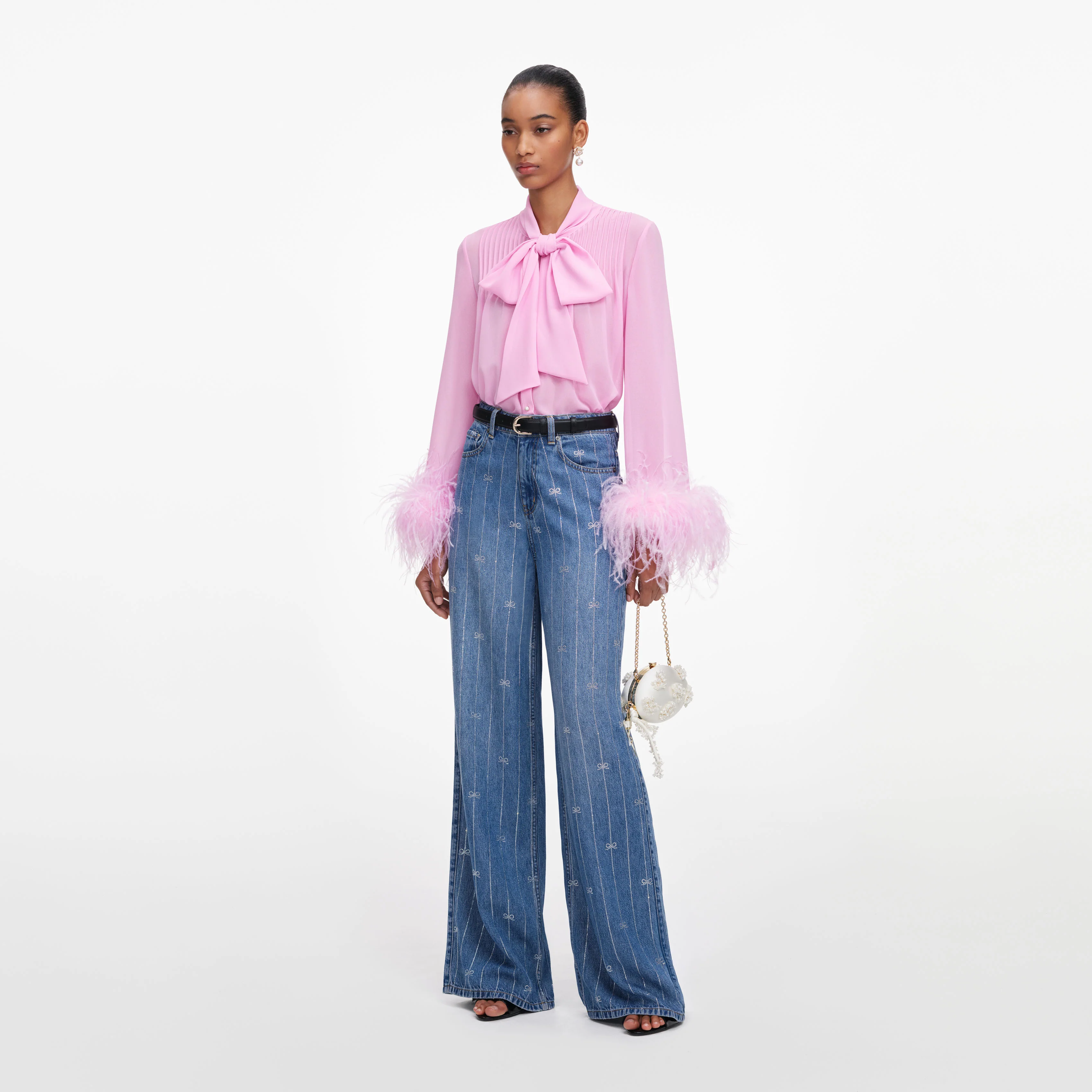 Pink Georgette Feather Cuff Blouse - Image 2