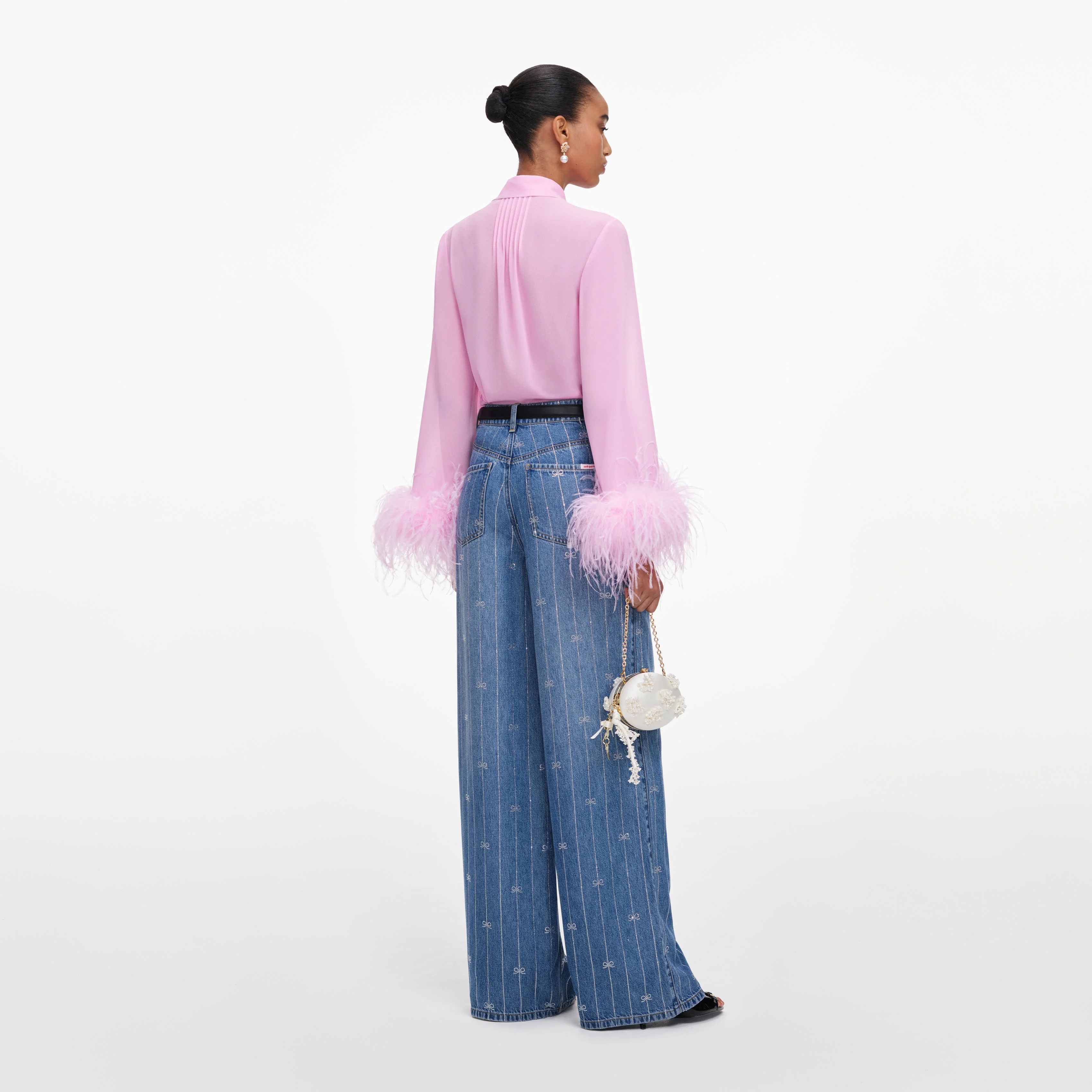 Pink Georgette Feather Cuff Blouse - Image 3