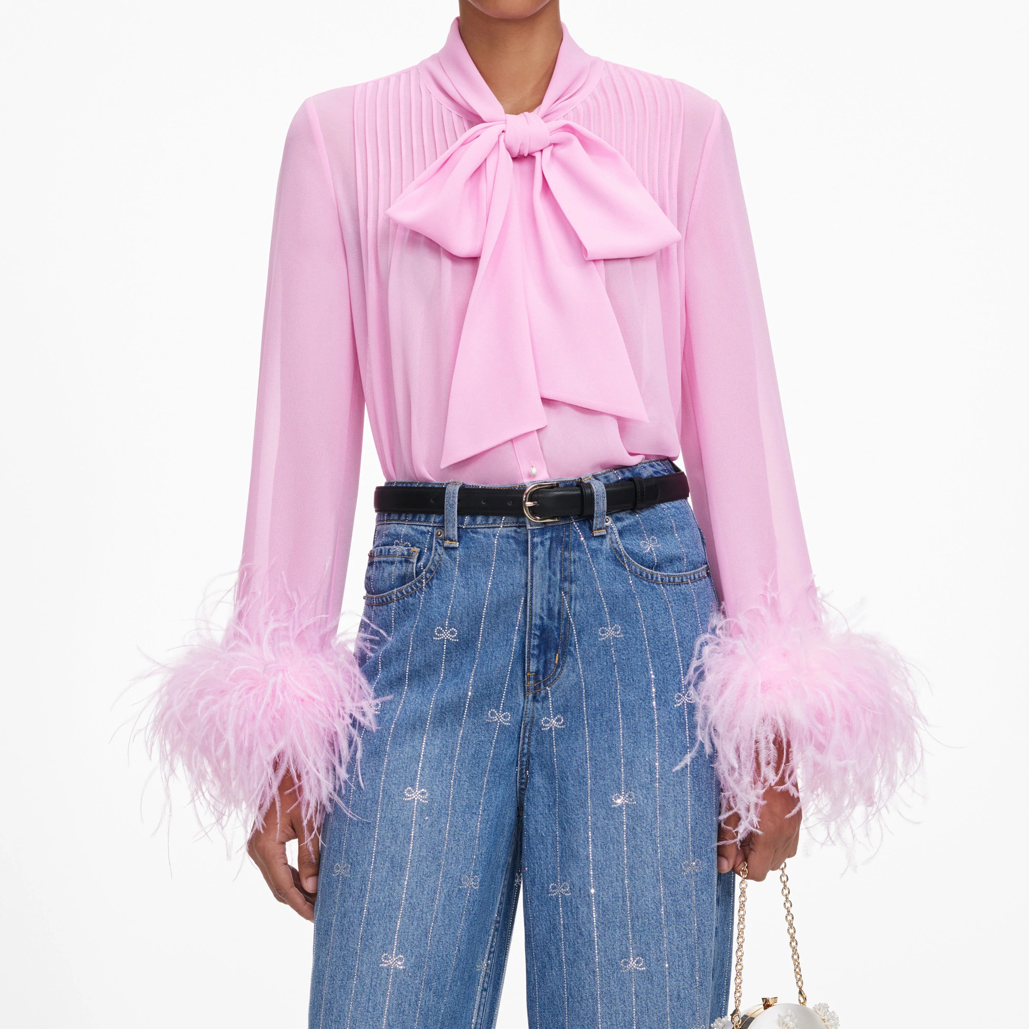 Pink Georgette Feather Cuff Blouse - Image 4