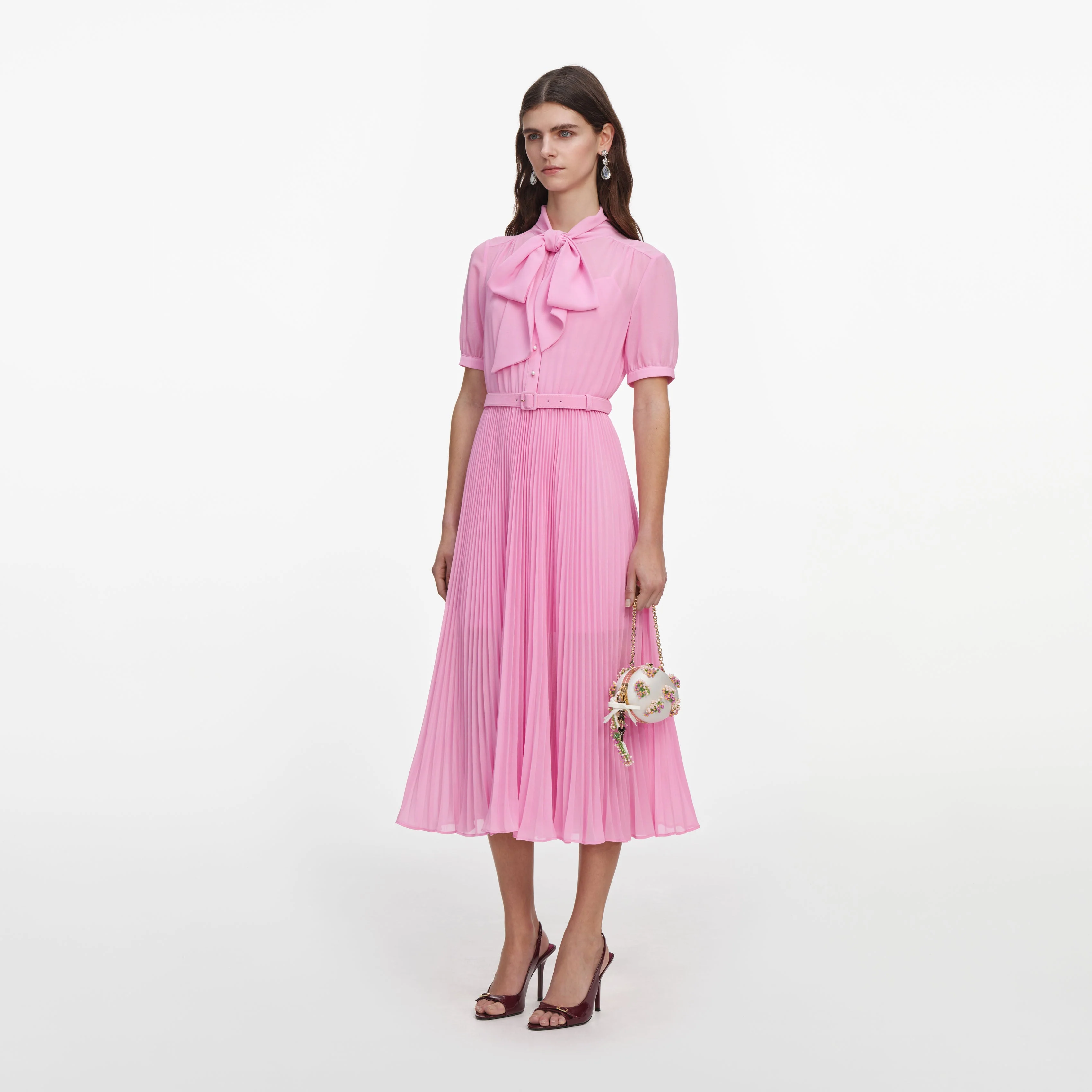 Pink Georgette Tie Neck Midi Dress - Image 2