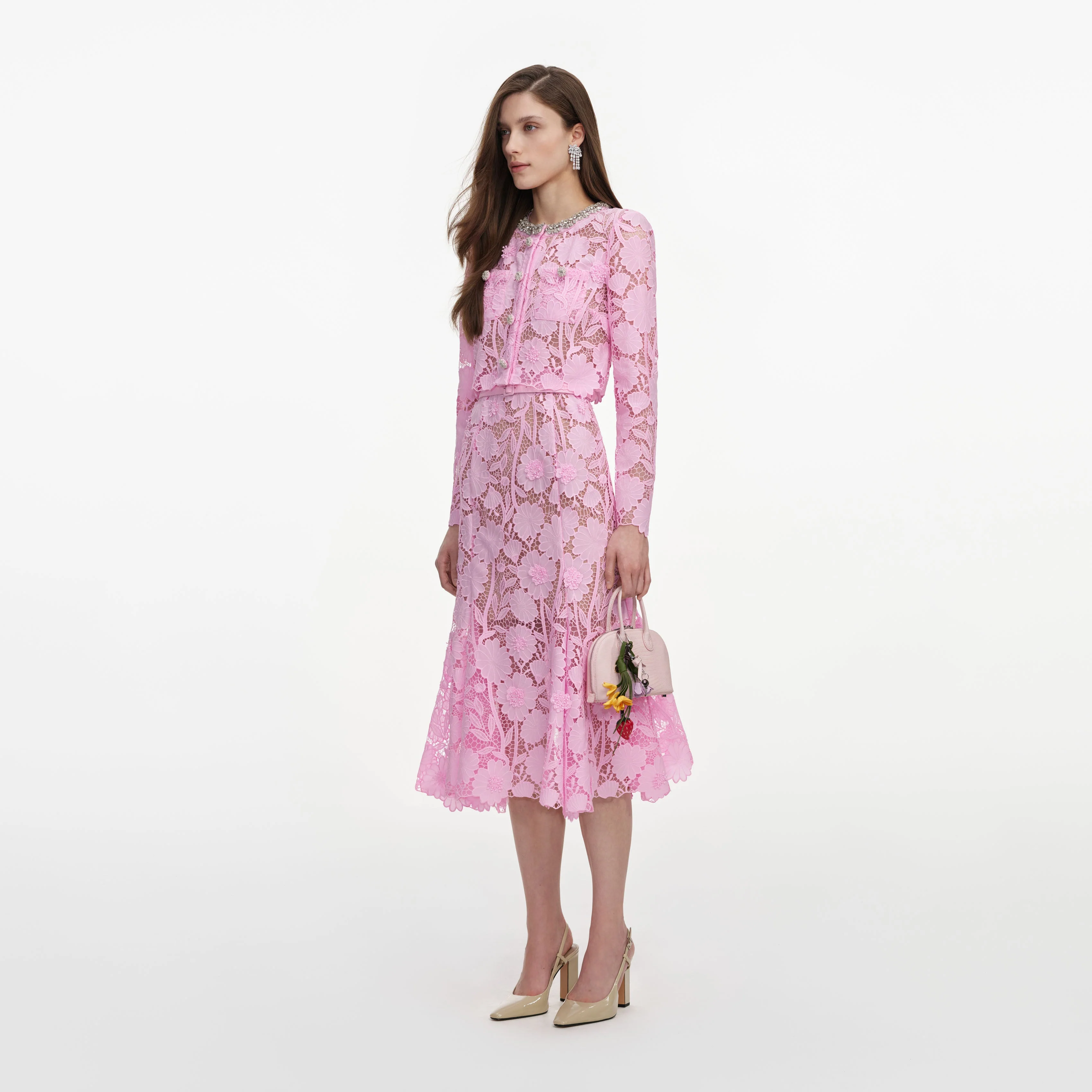 Pink Lace Crystal Embellished Midi Dress - Image 2
