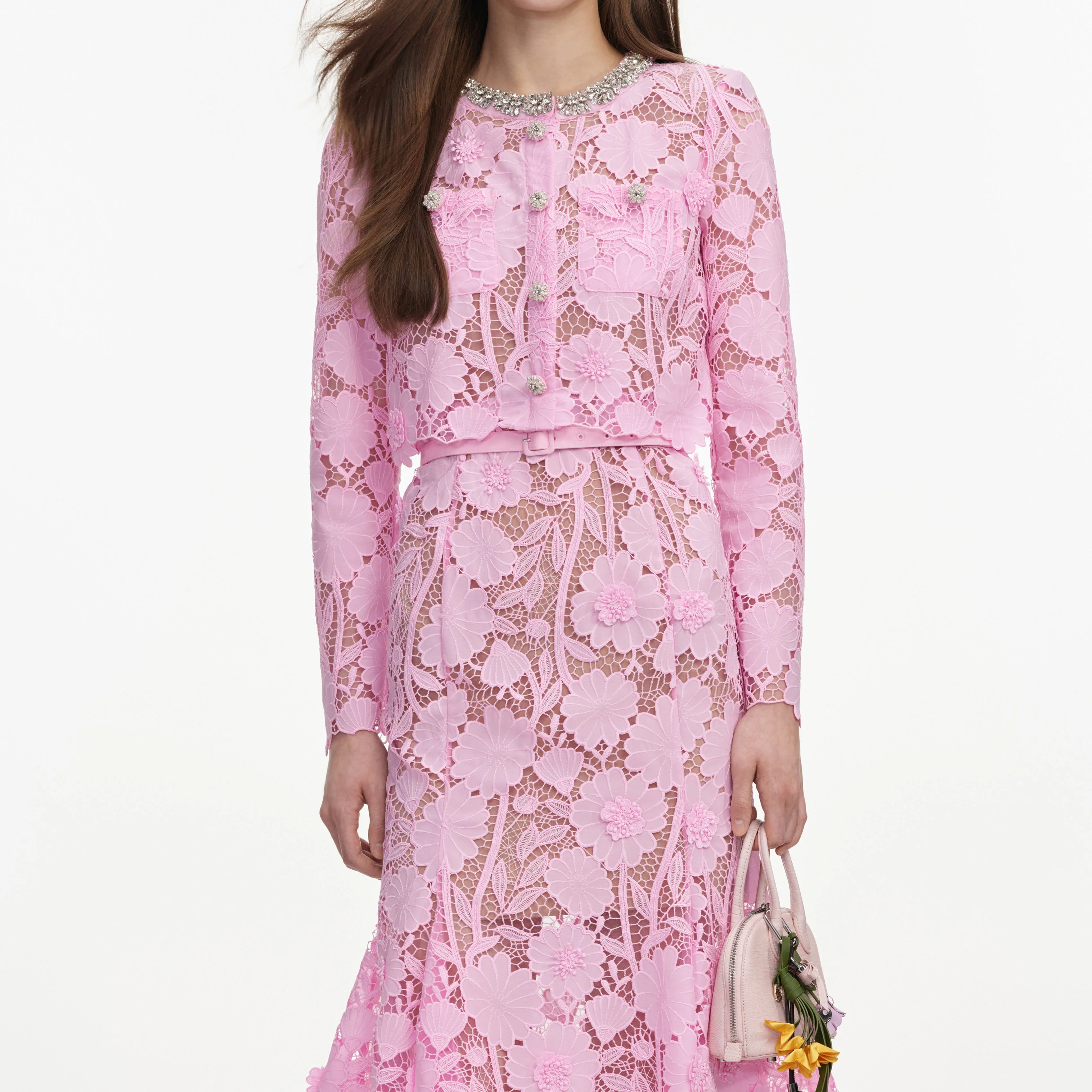 Pink Lace Crystal Embellished Midi Dress - Image 4