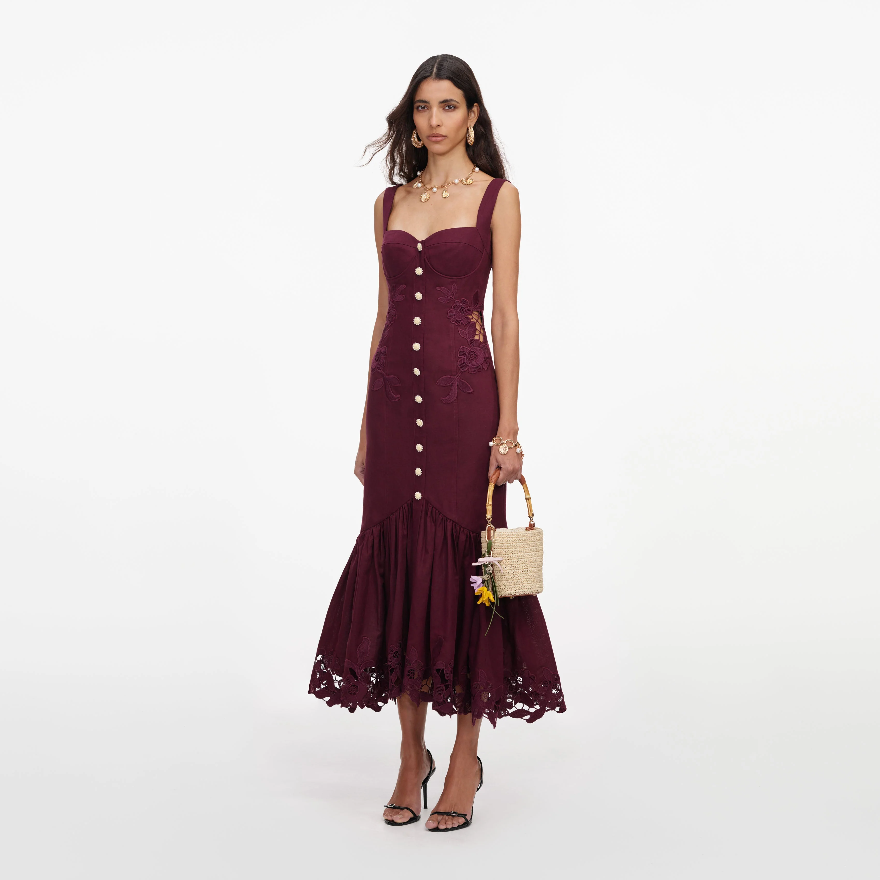 Plum Linen Blend Lace Insert Midi Dress - Image 2