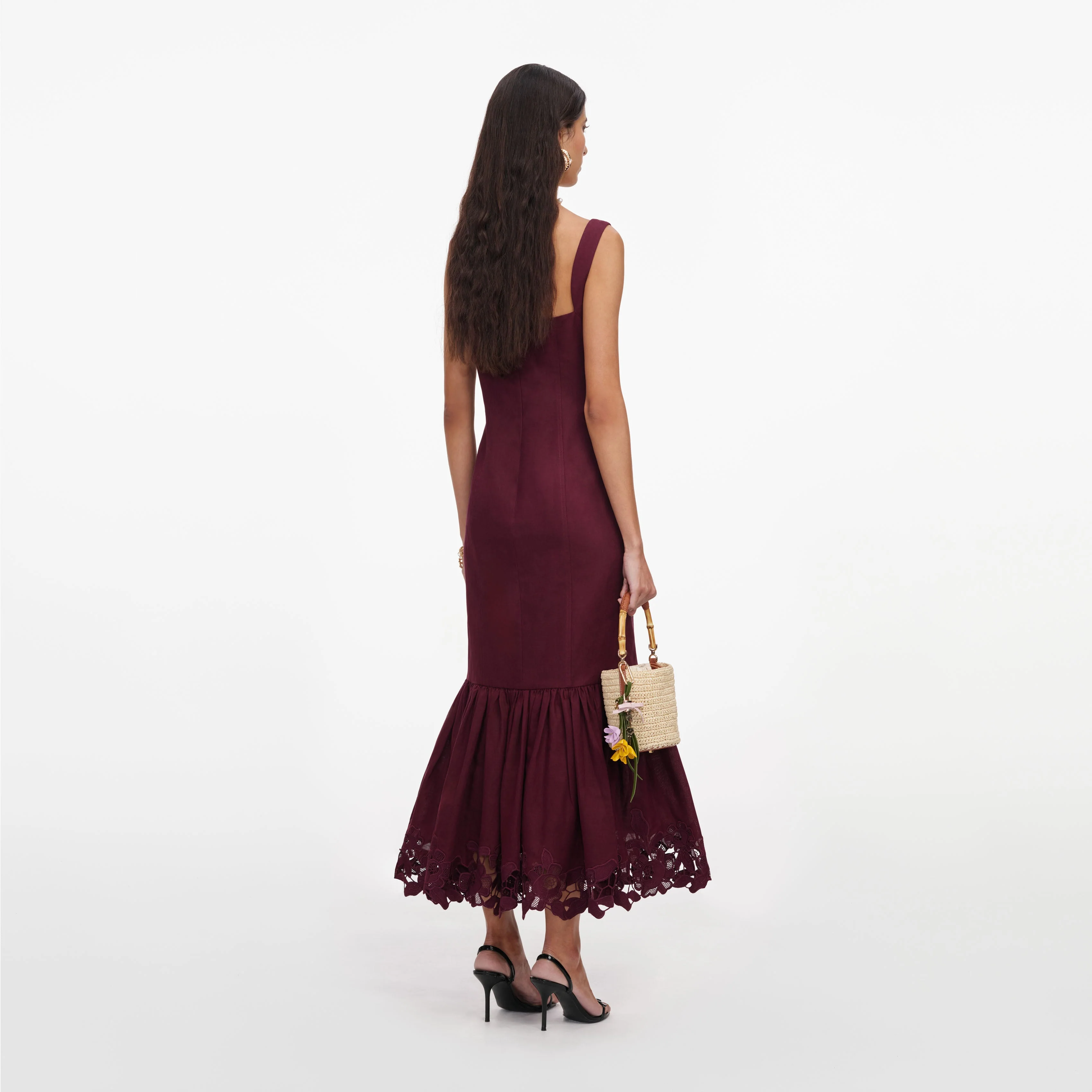 Plum Linen Blend Lace Insert Midi Dress - Image 3