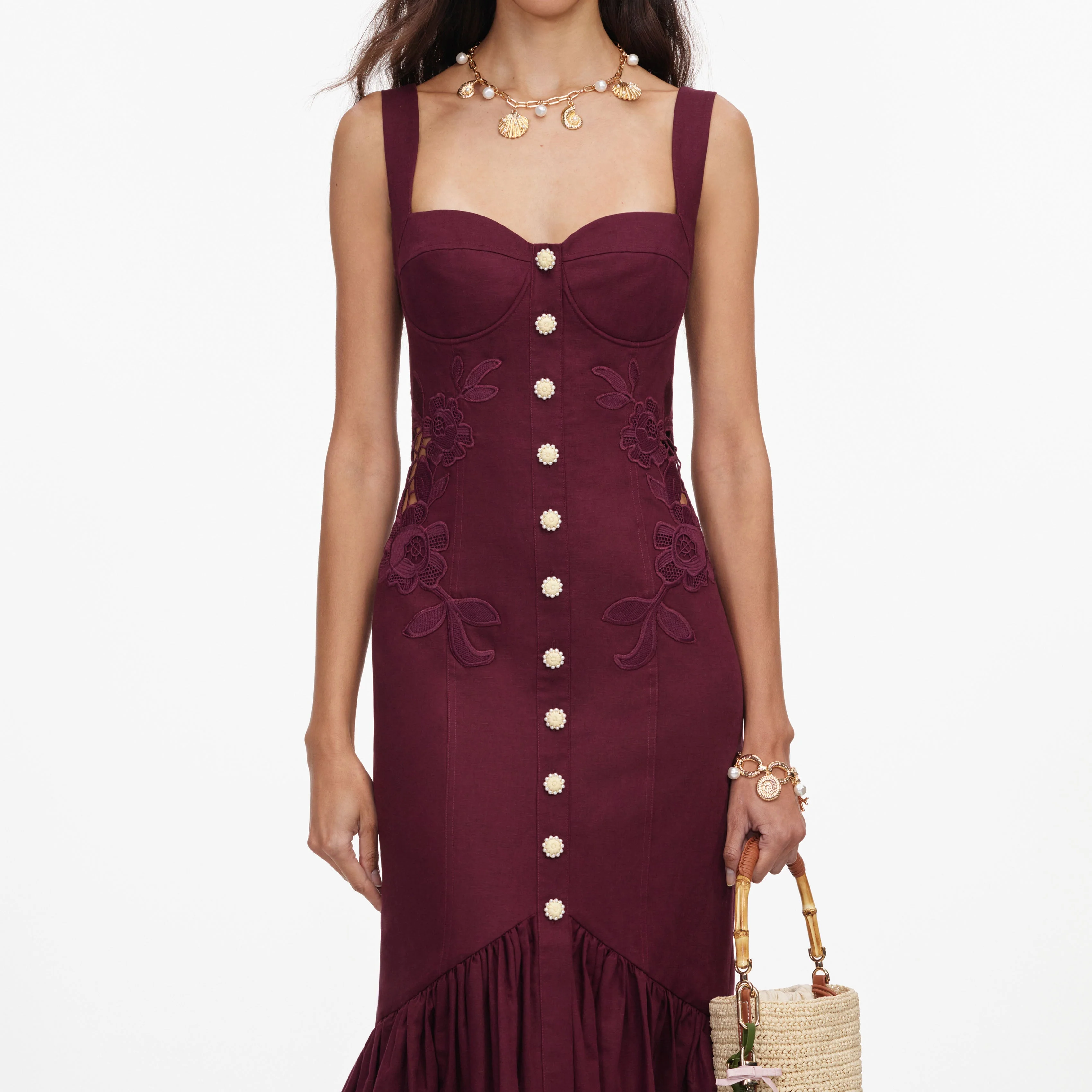 Plum Linen Blend Lace Insert Midi Dress - Image 4