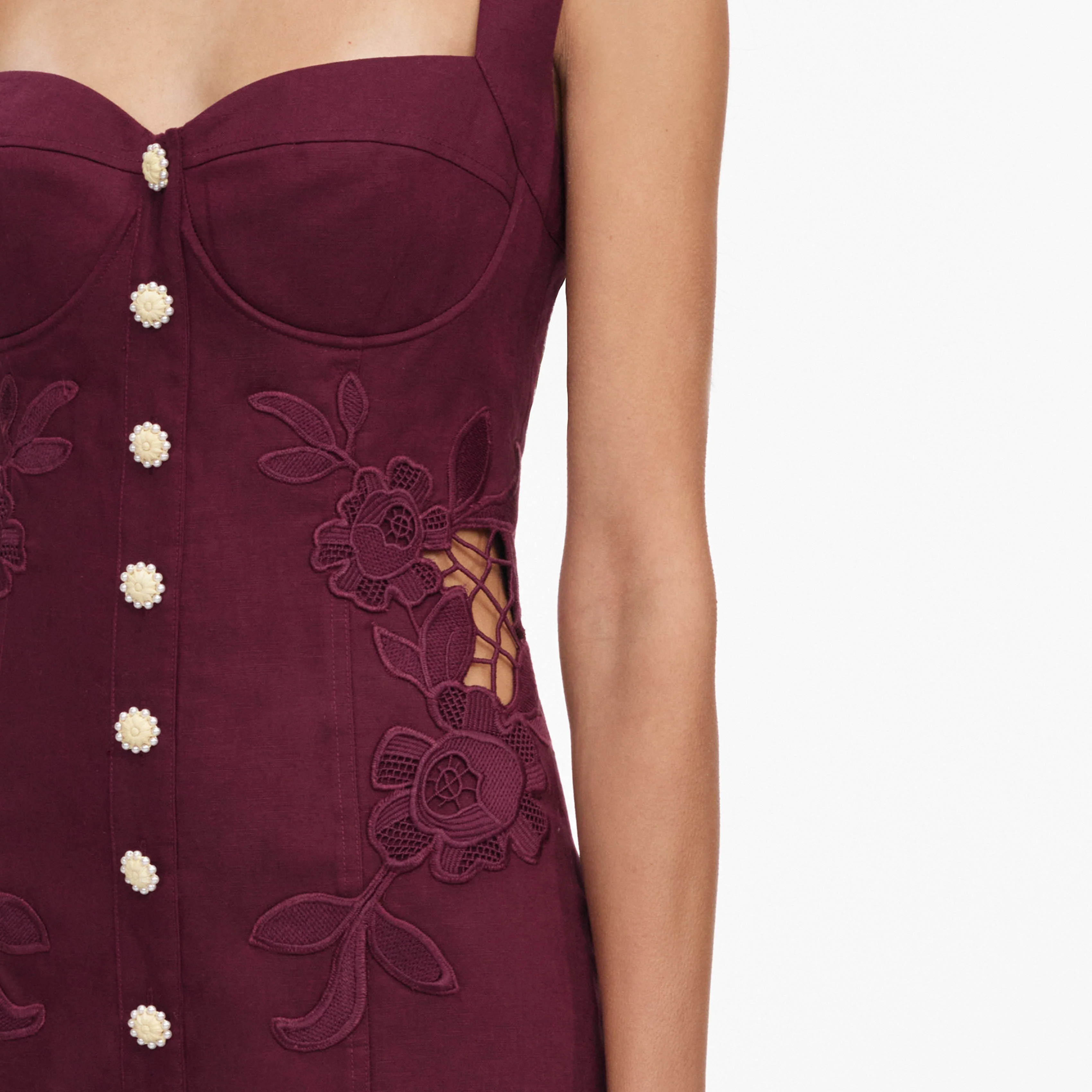 Plum Linen Blend Lace Insert Midi Dress - Image 5