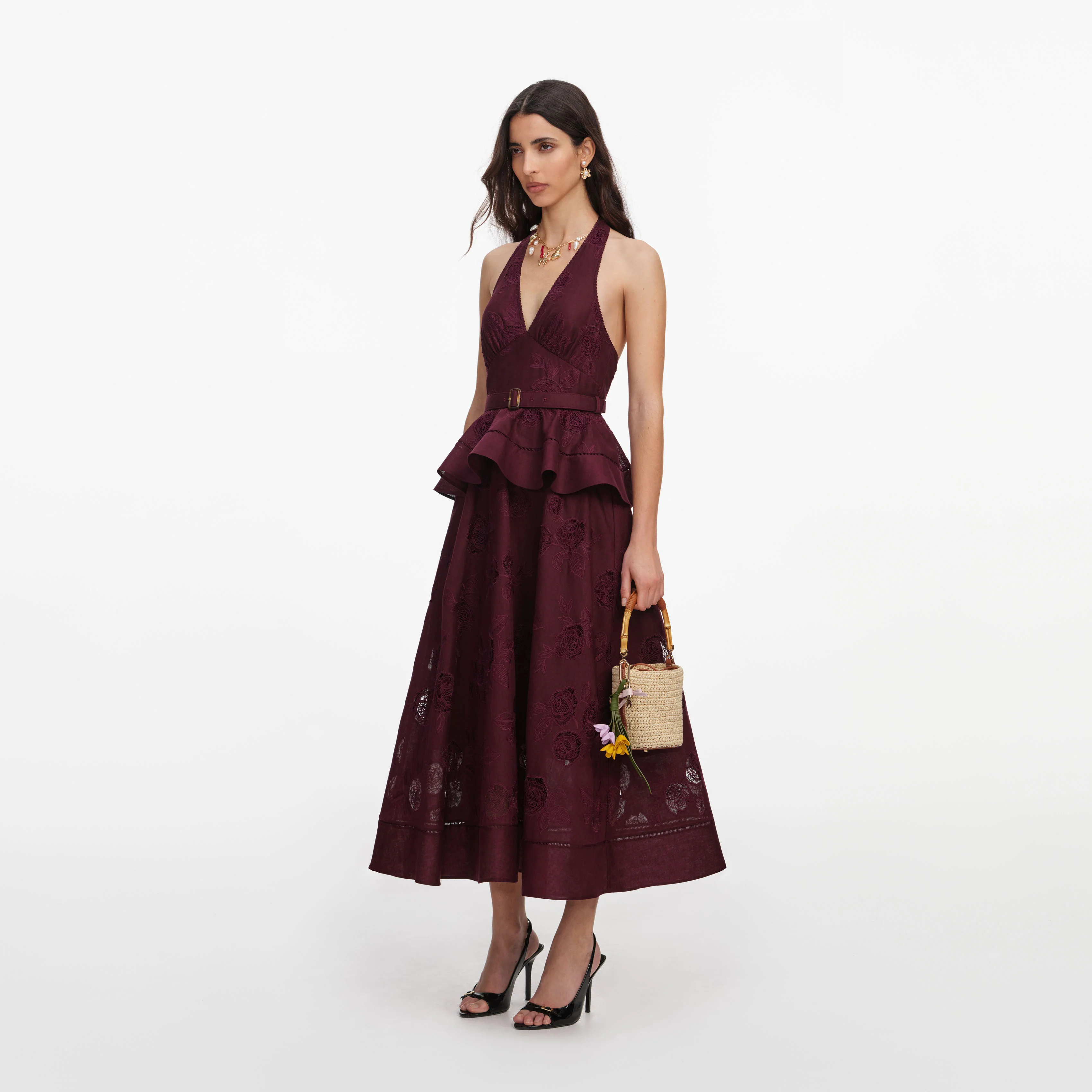 Plum Linen Blend Peplum Midi Dress - Image 2