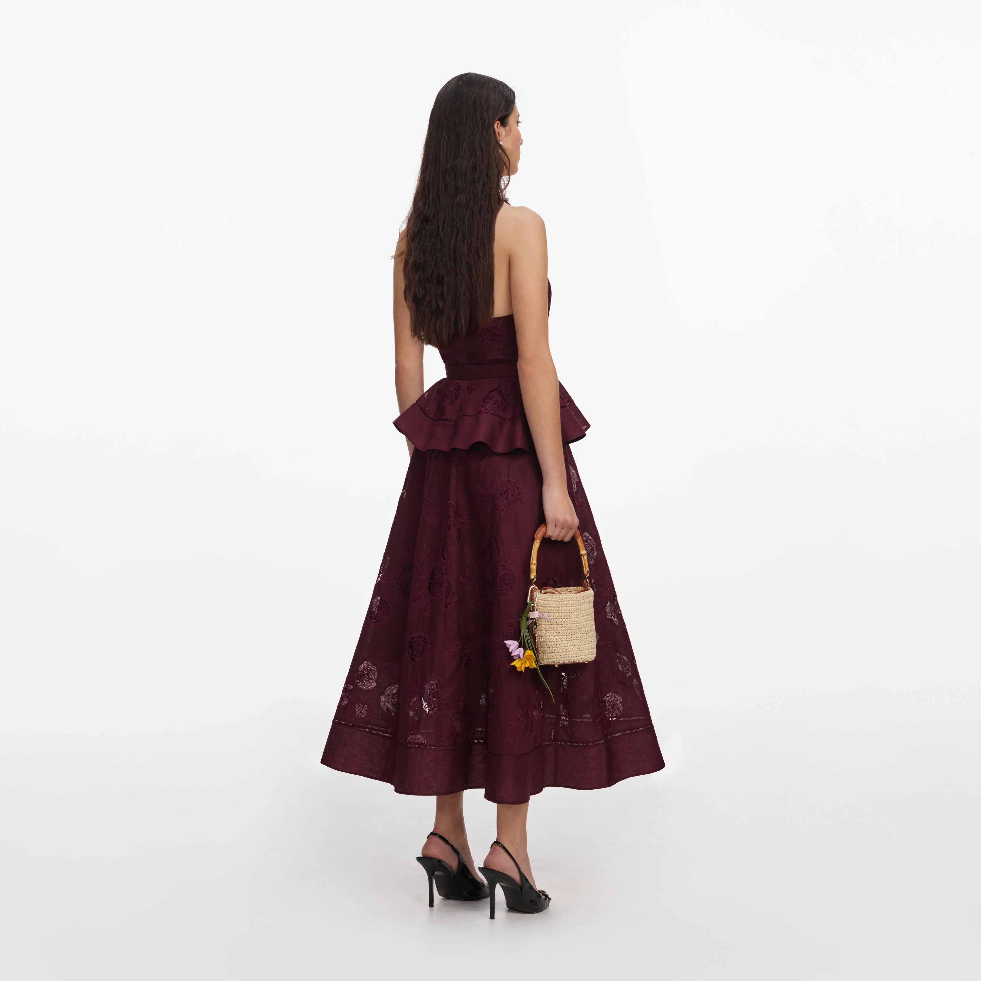 Plum Linen Blend Peplum Midi Dress - Image 3