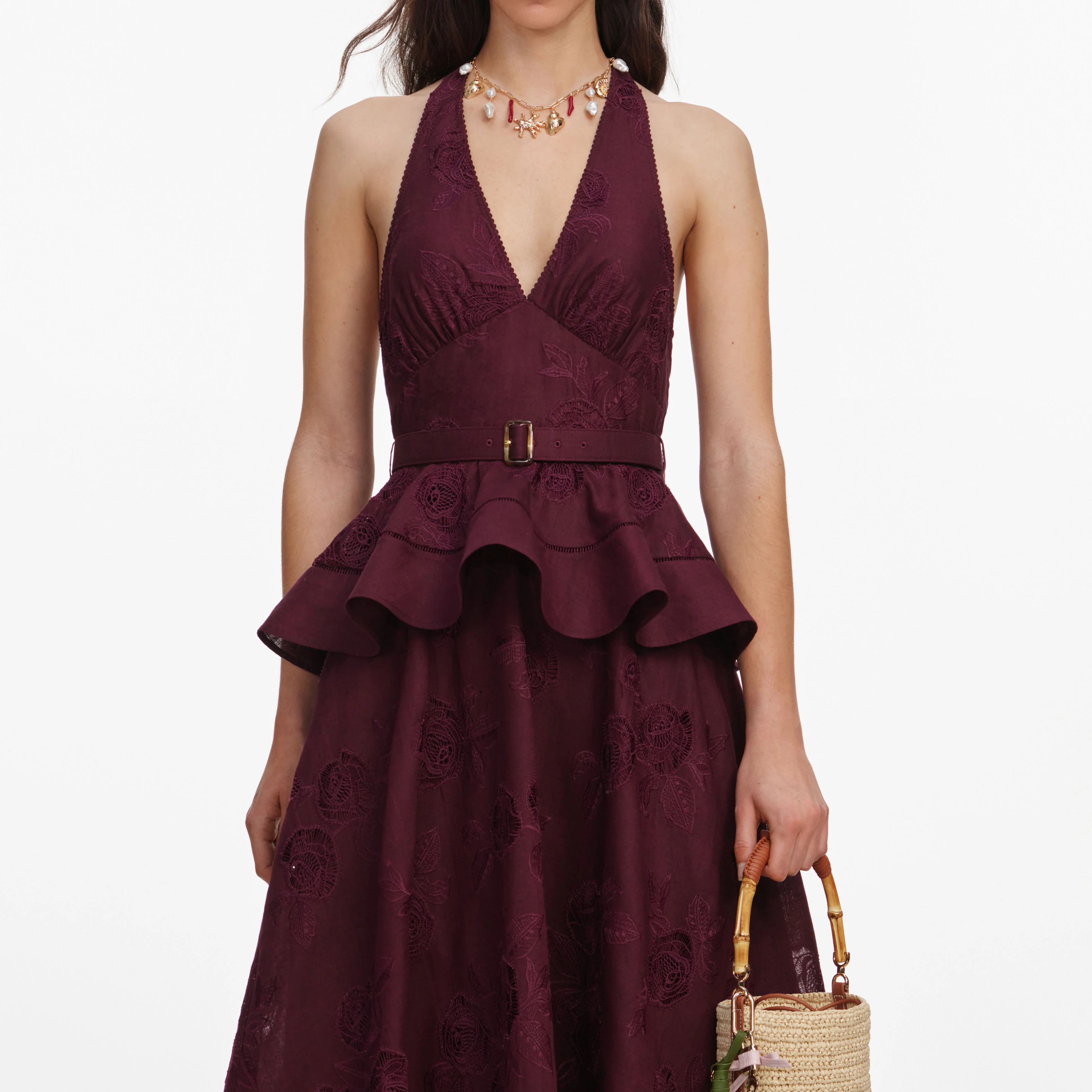 Plum Linen Blend Peplum Midi Dress - Image 4