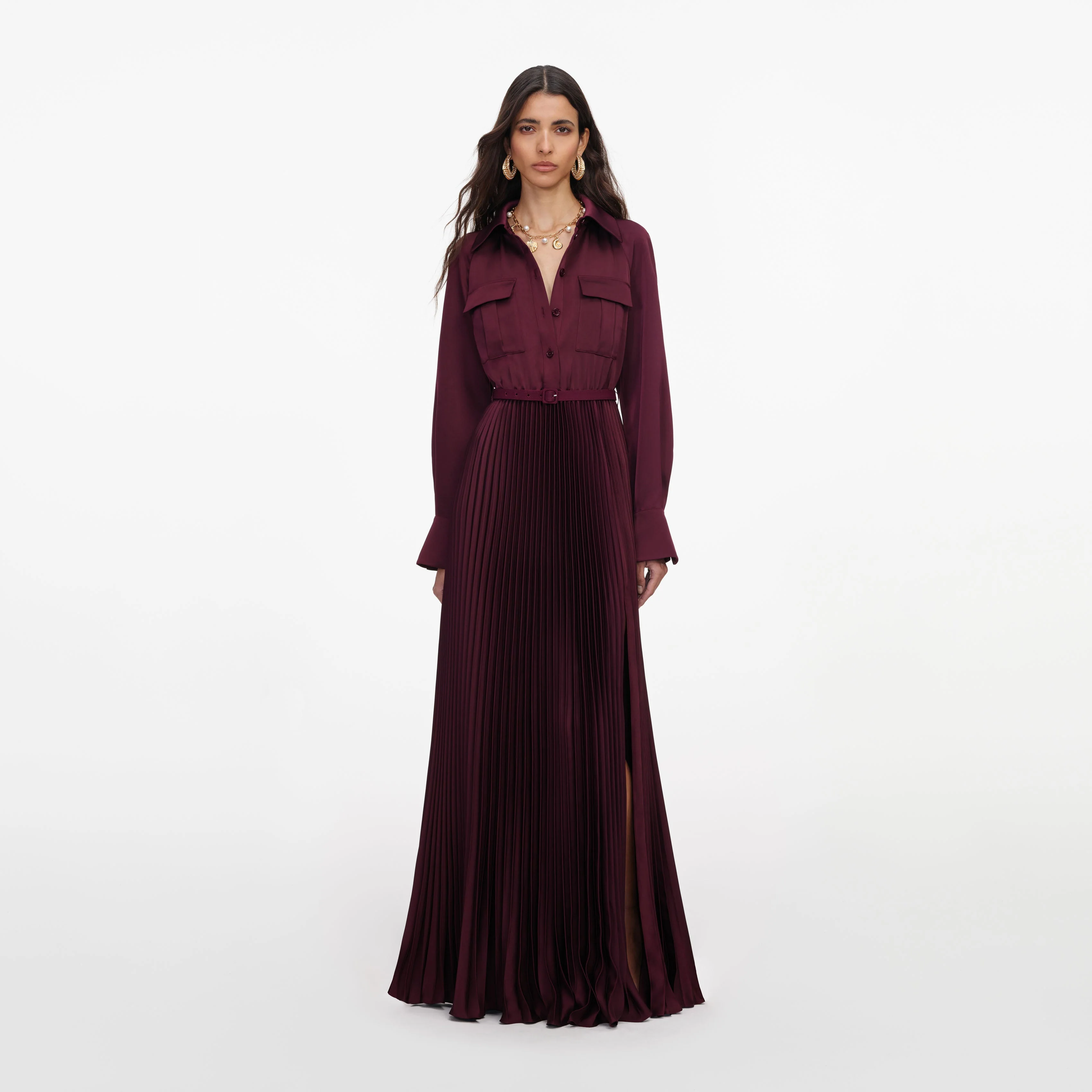 Plum Satin Pleated Maxi Dress