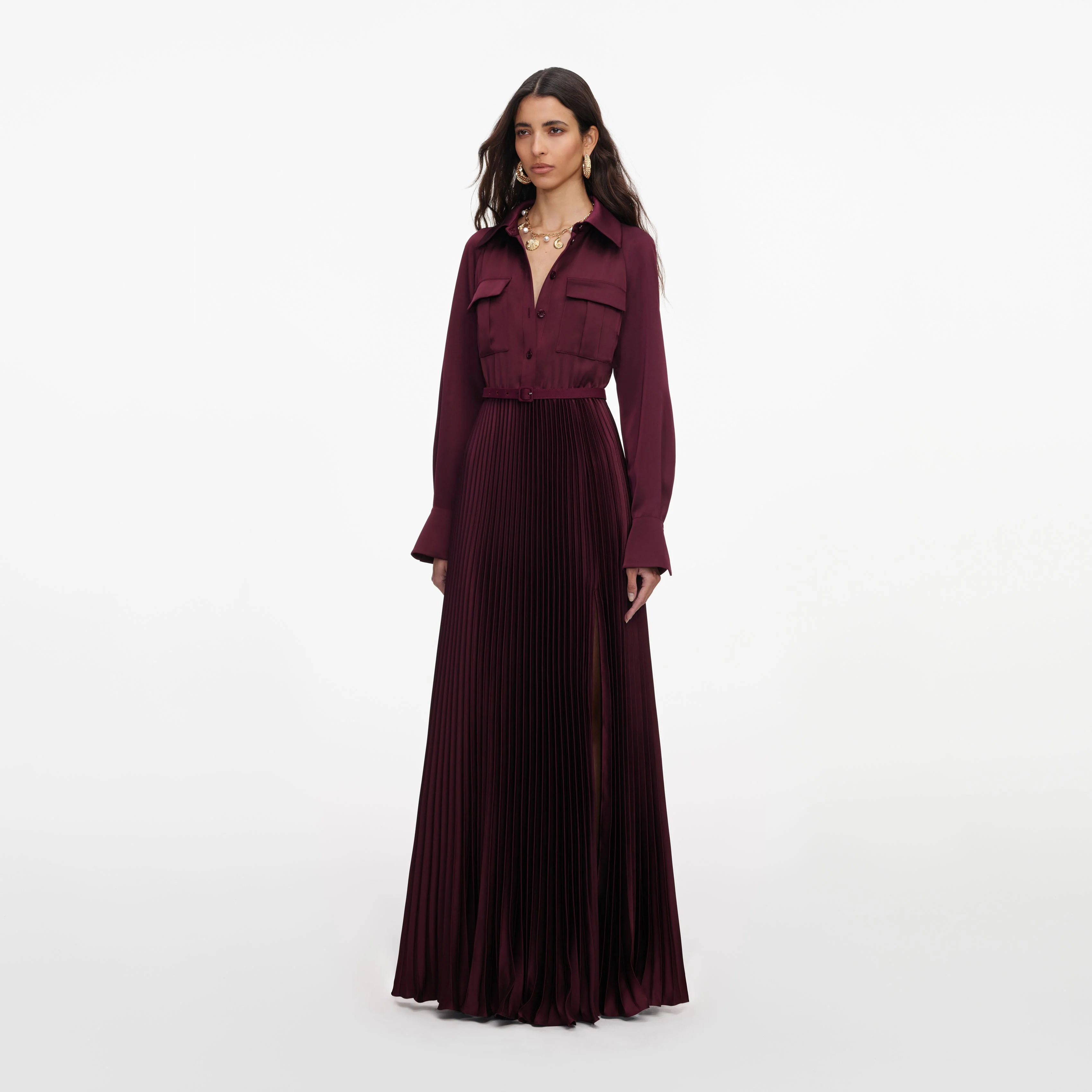Plum Satin Pleated Maxi Dress - Image 2