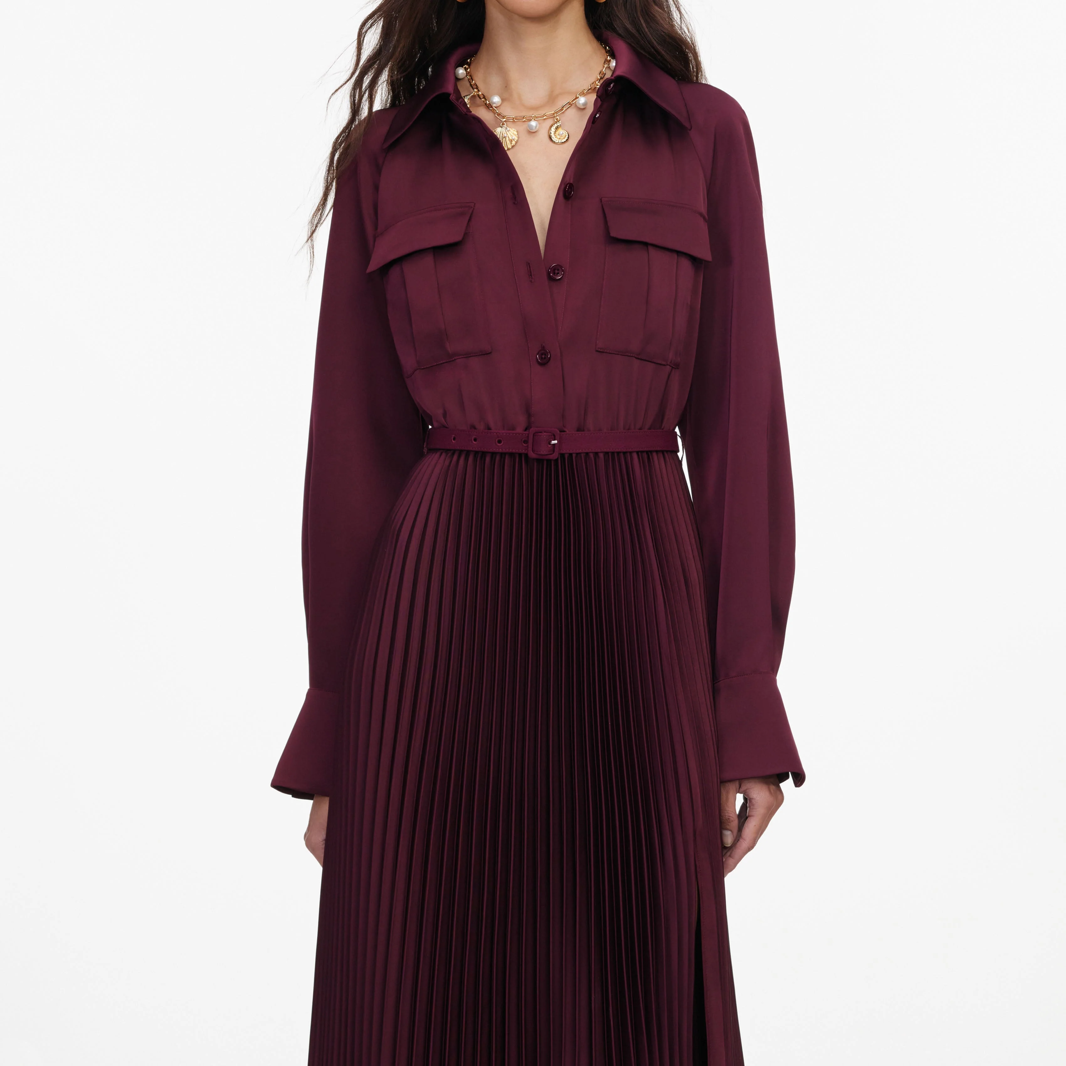 Plum Satin Pleated Maxi Dress - Image 4