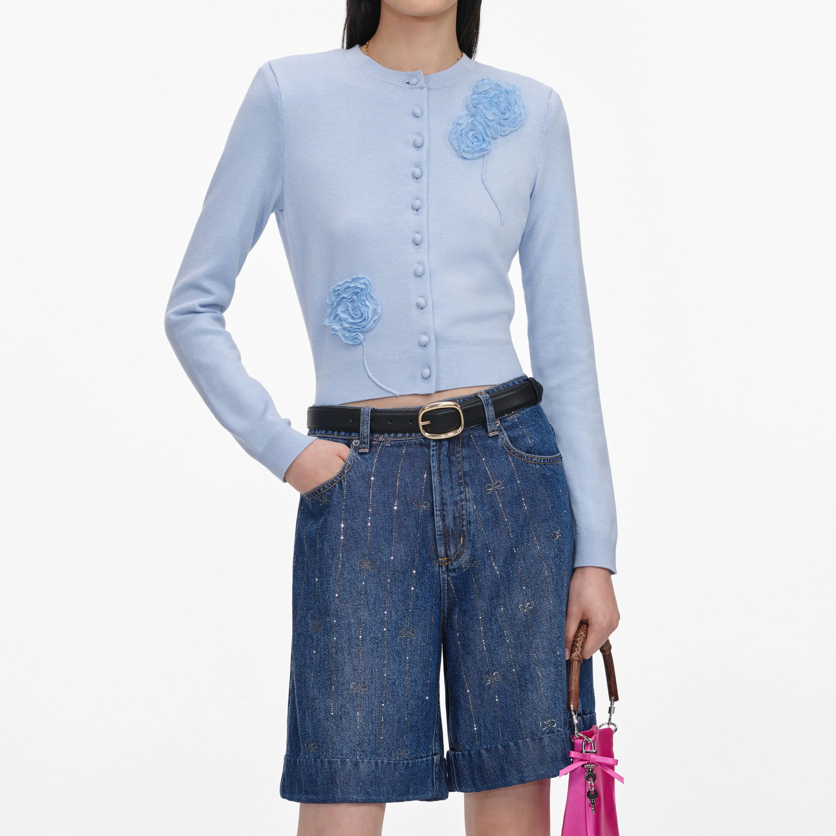 Rhinestone Stripe Denim Shorts - Image 4