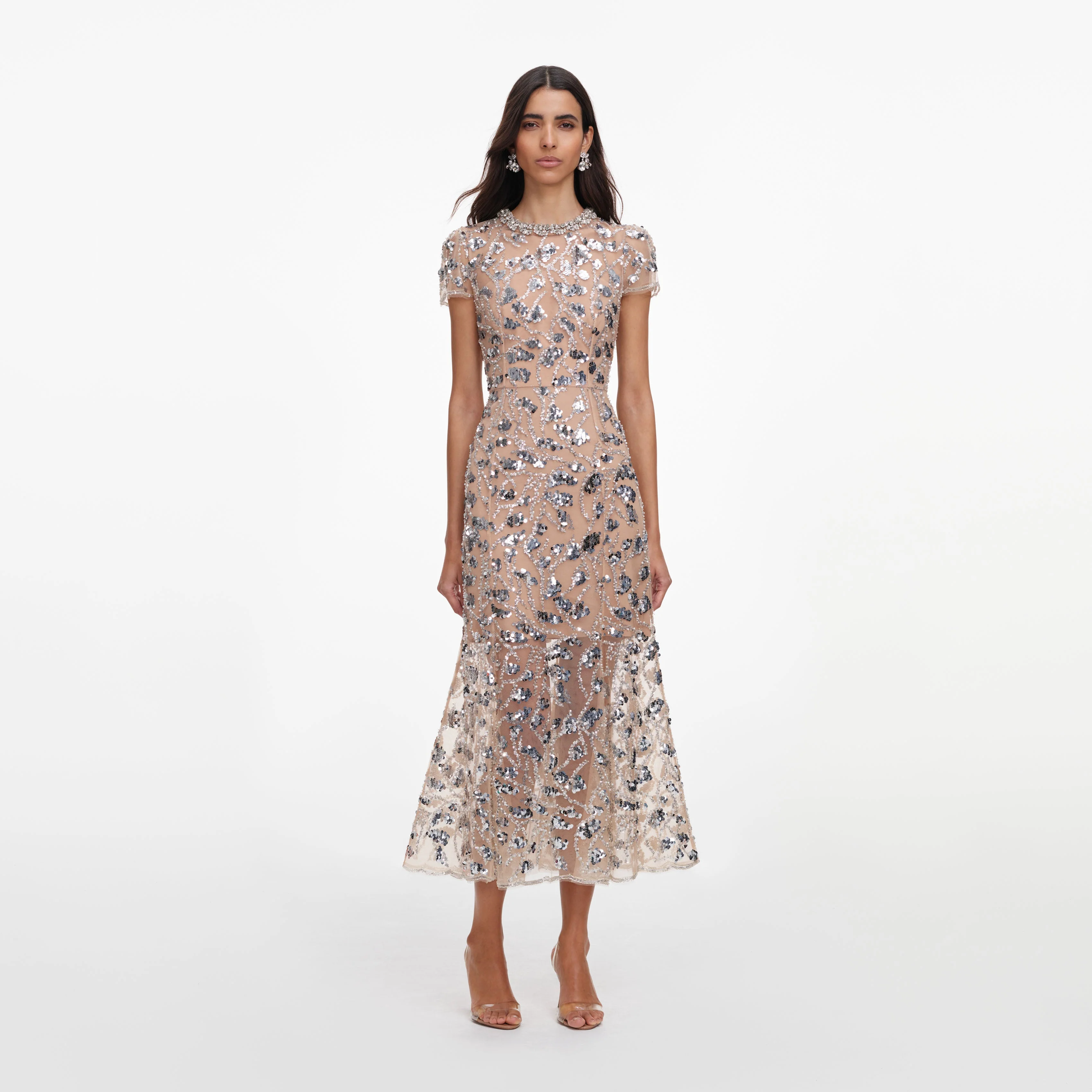 Silver Sequin Embellished Midi Dress