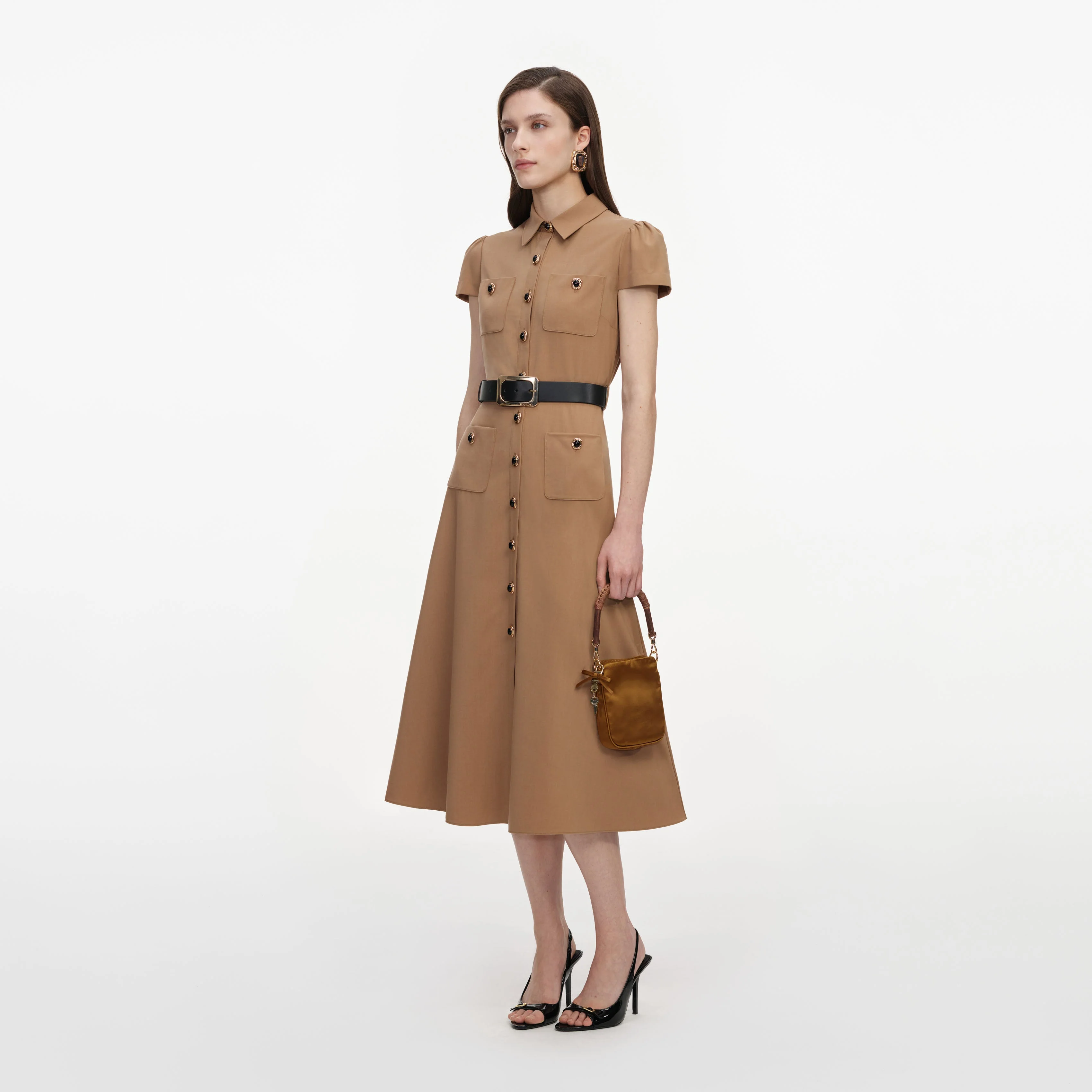 Tan Twill Belted Midi Dress - Image 2