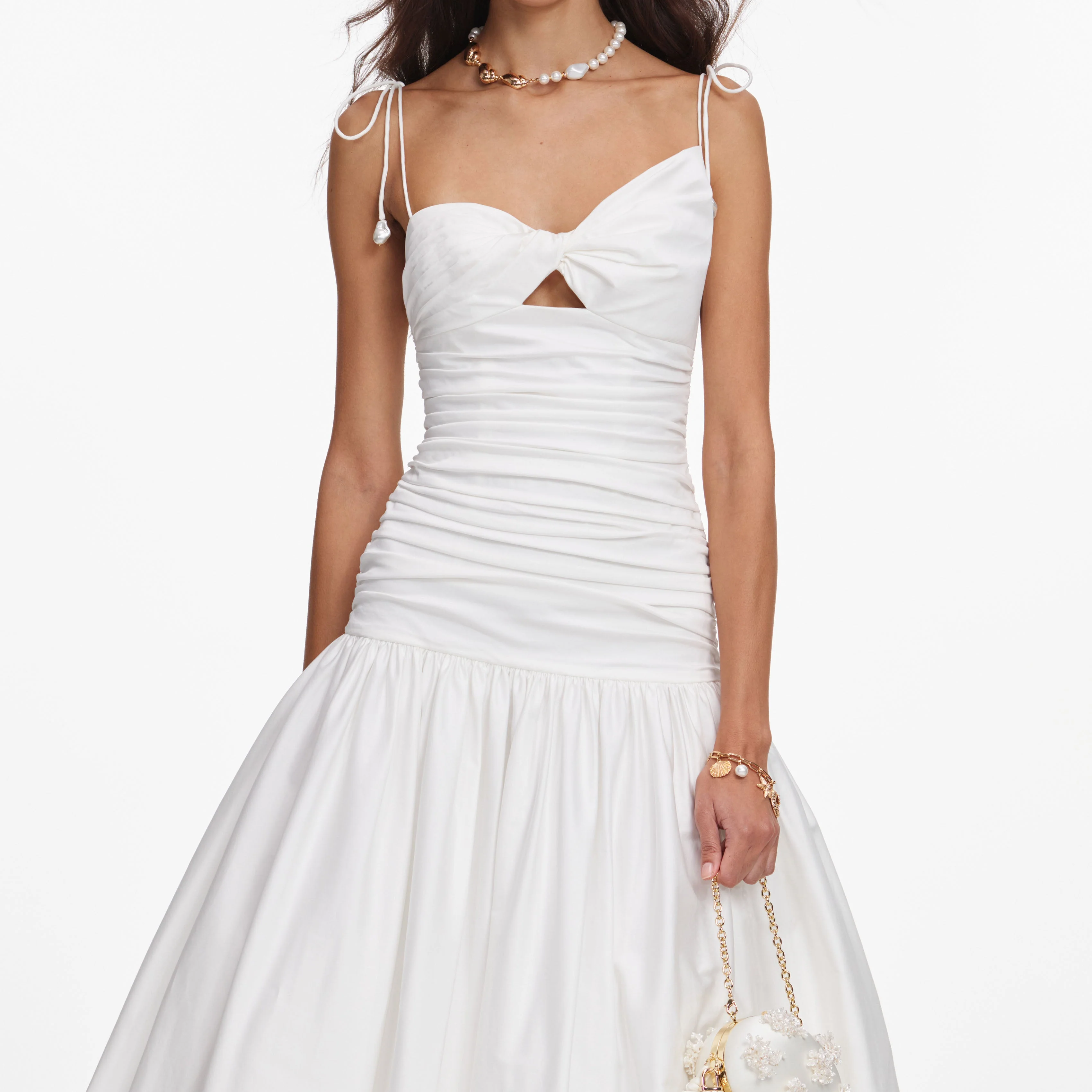 White Cotton Gathered Midi Dress - Image 4