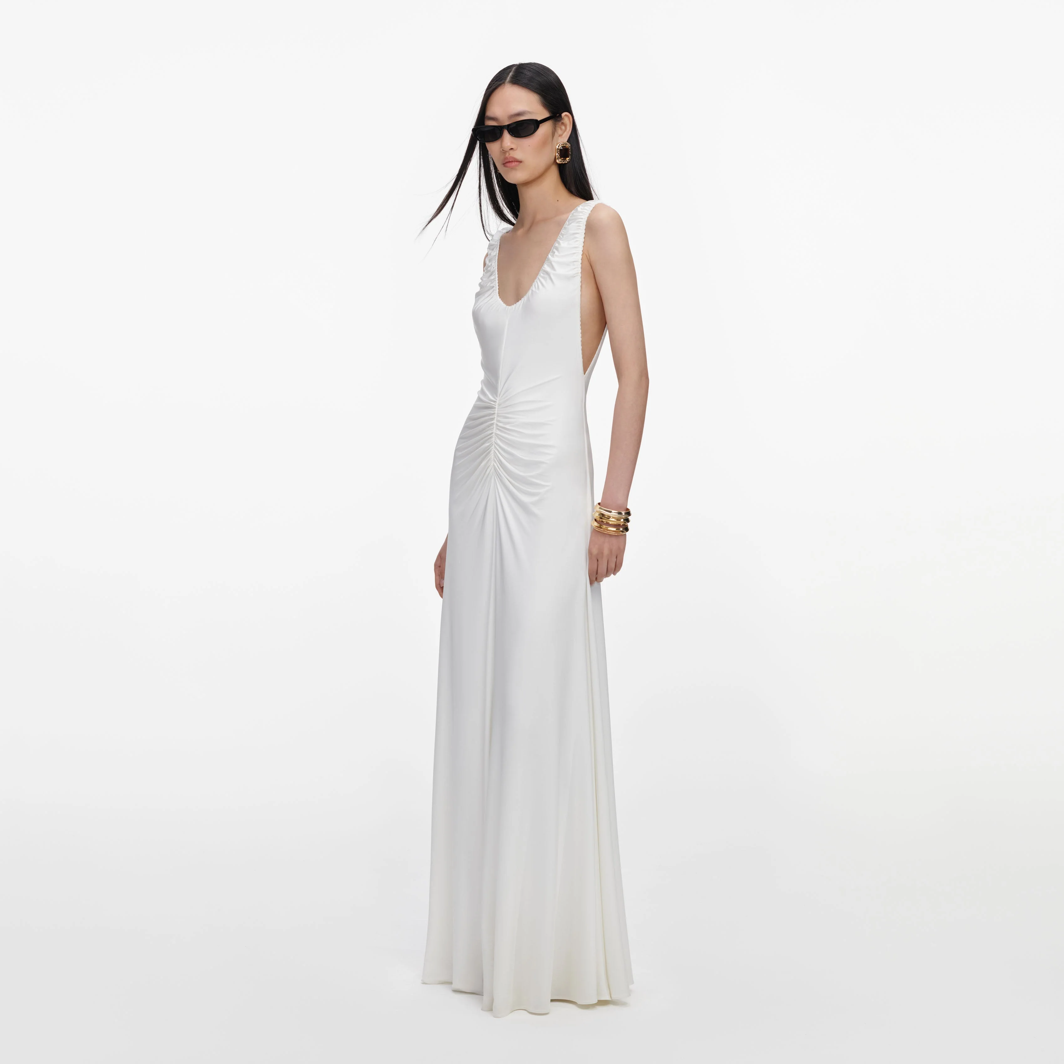 White Jersey Ruched Maxi Dress - Image 2