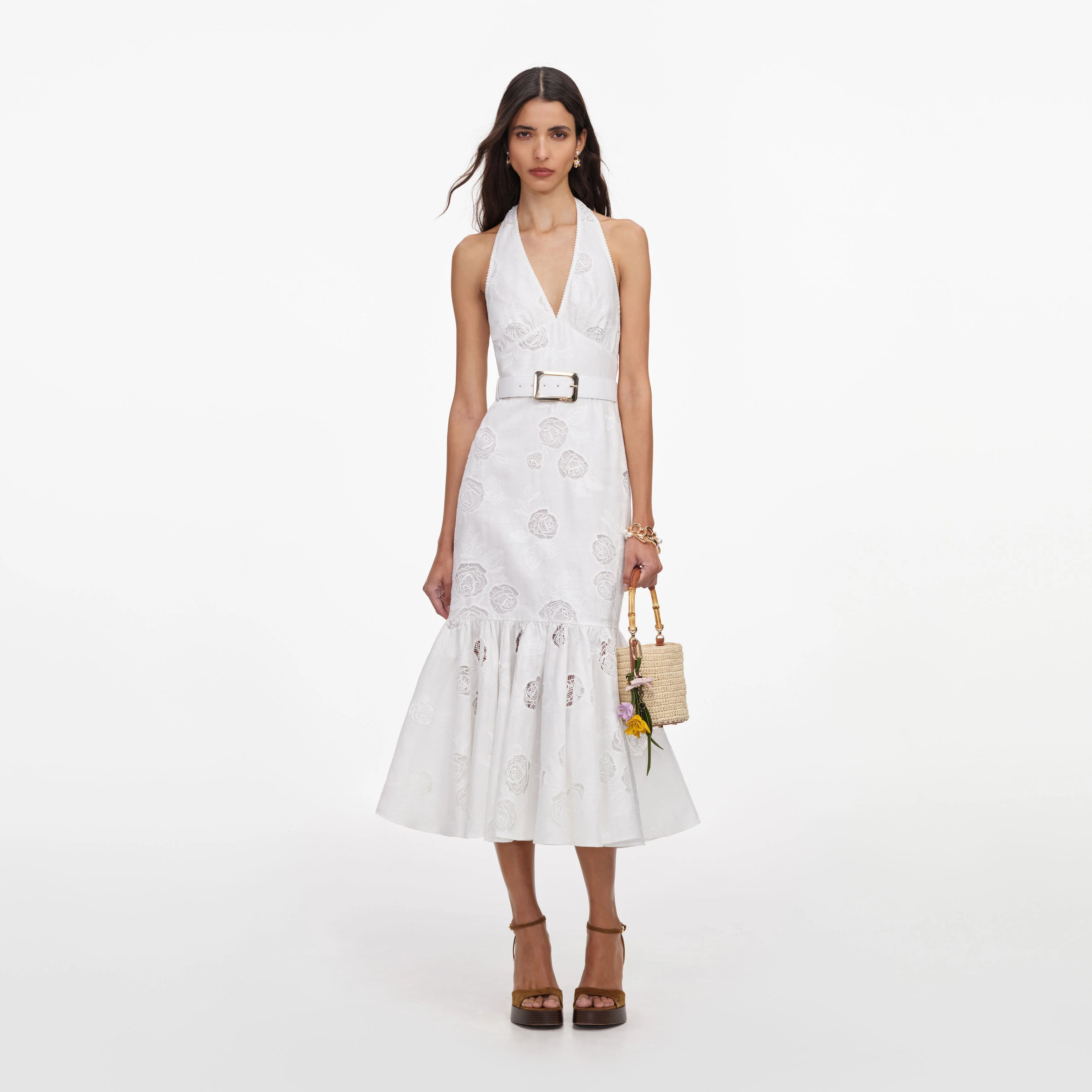 White Linen Blend Halterneck Midi Dress