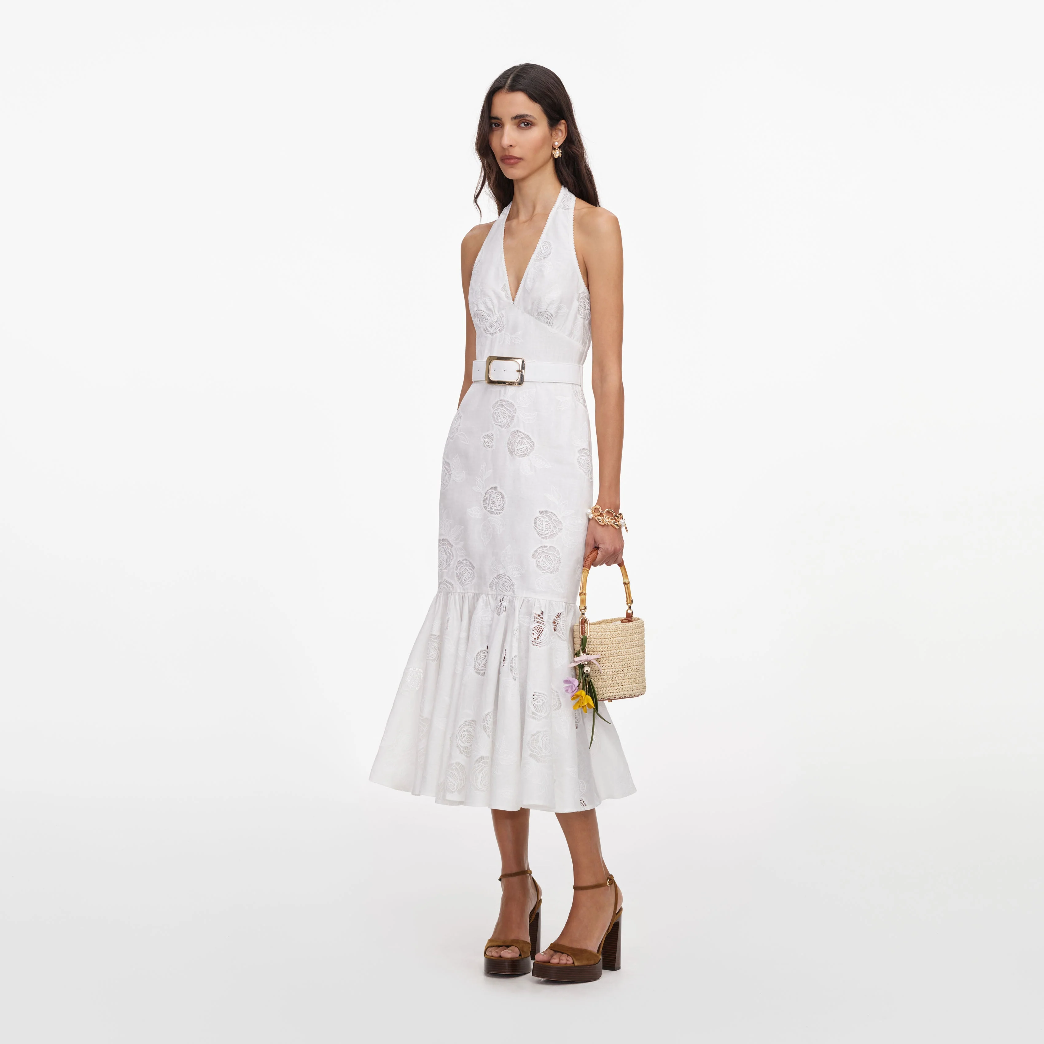White Linen Blend Halterneck Midi Dress - Image 2