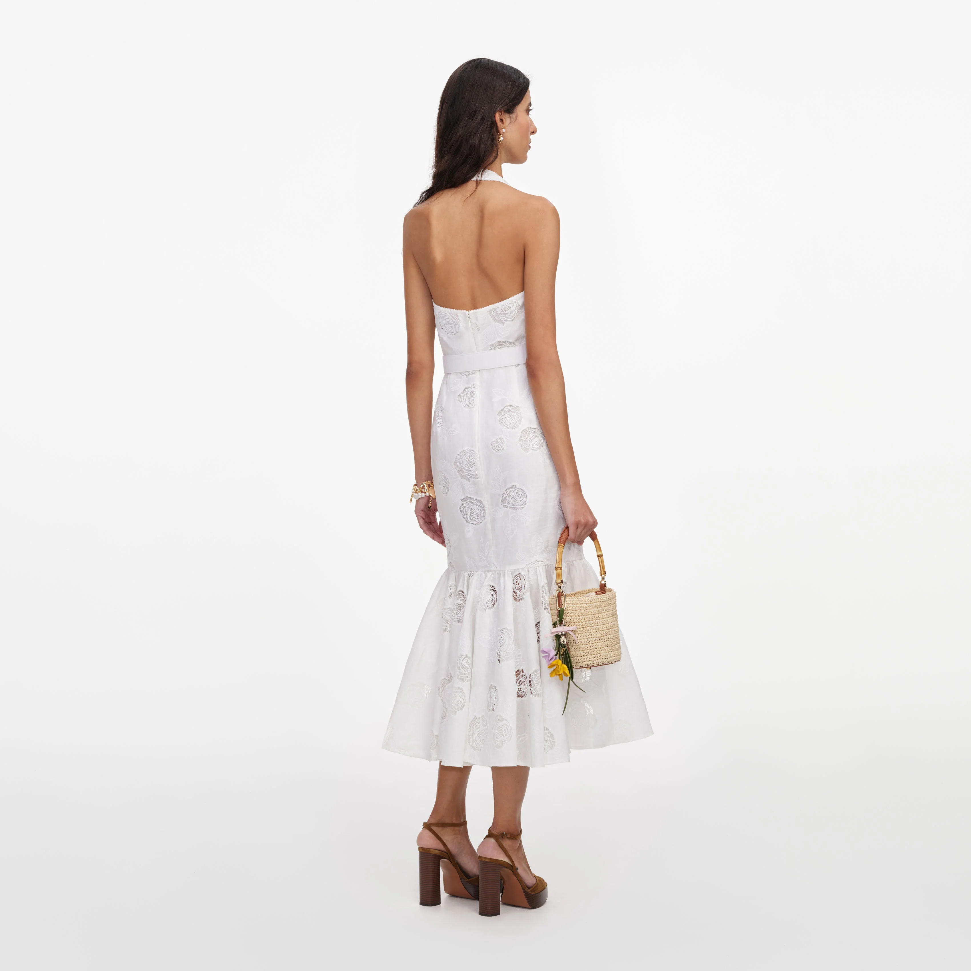 White Linen Blend Halterneck Midi Dress - Image 3