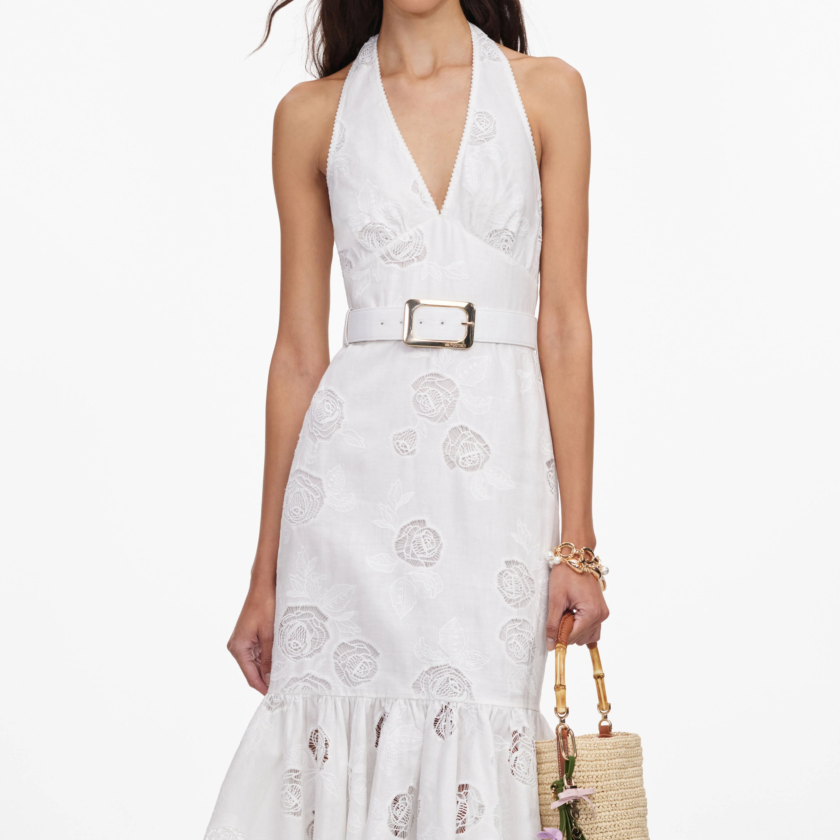 White Linen Blend Halterneck Midi Dress - Image 4