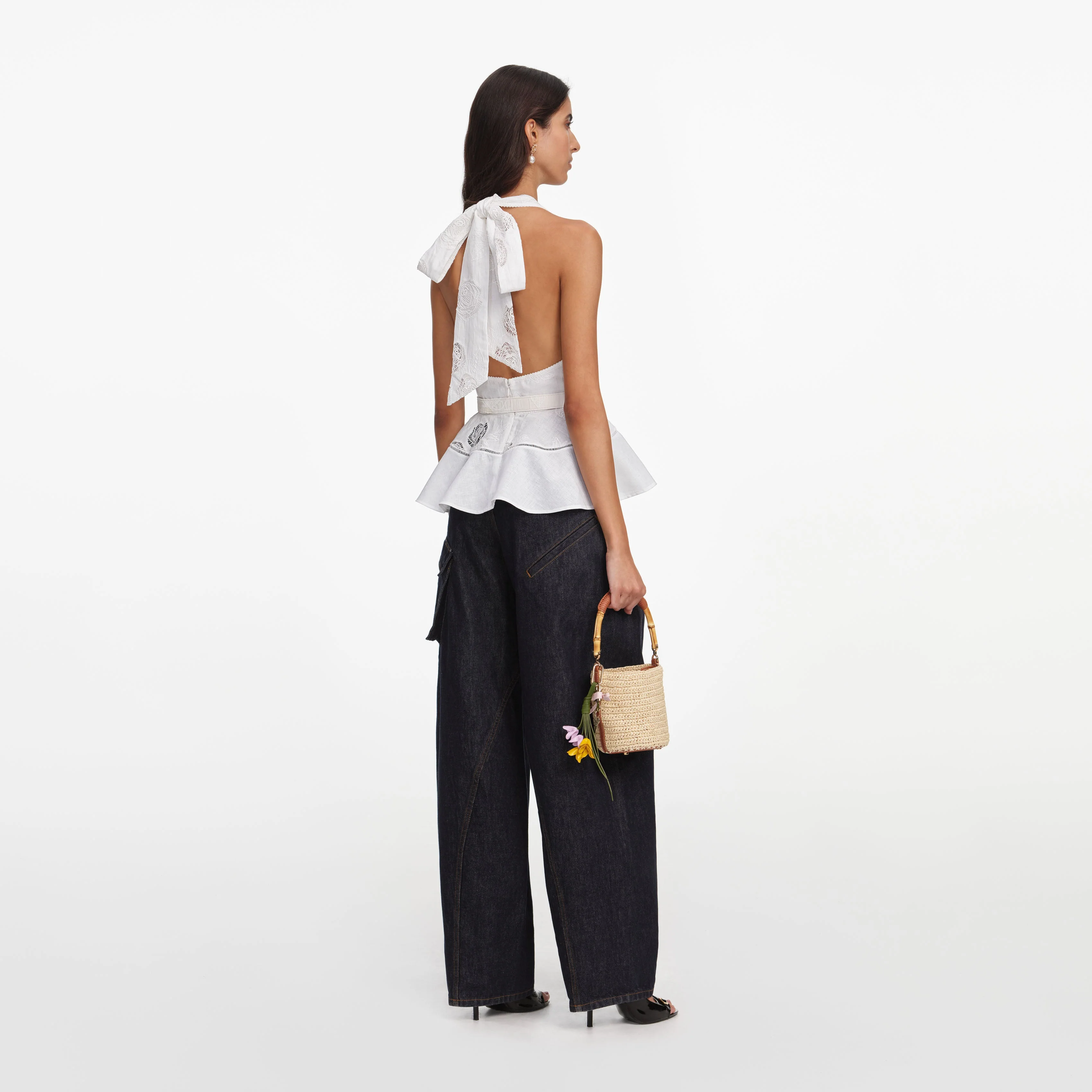 White Linen Blend Peplum Top - Image 3