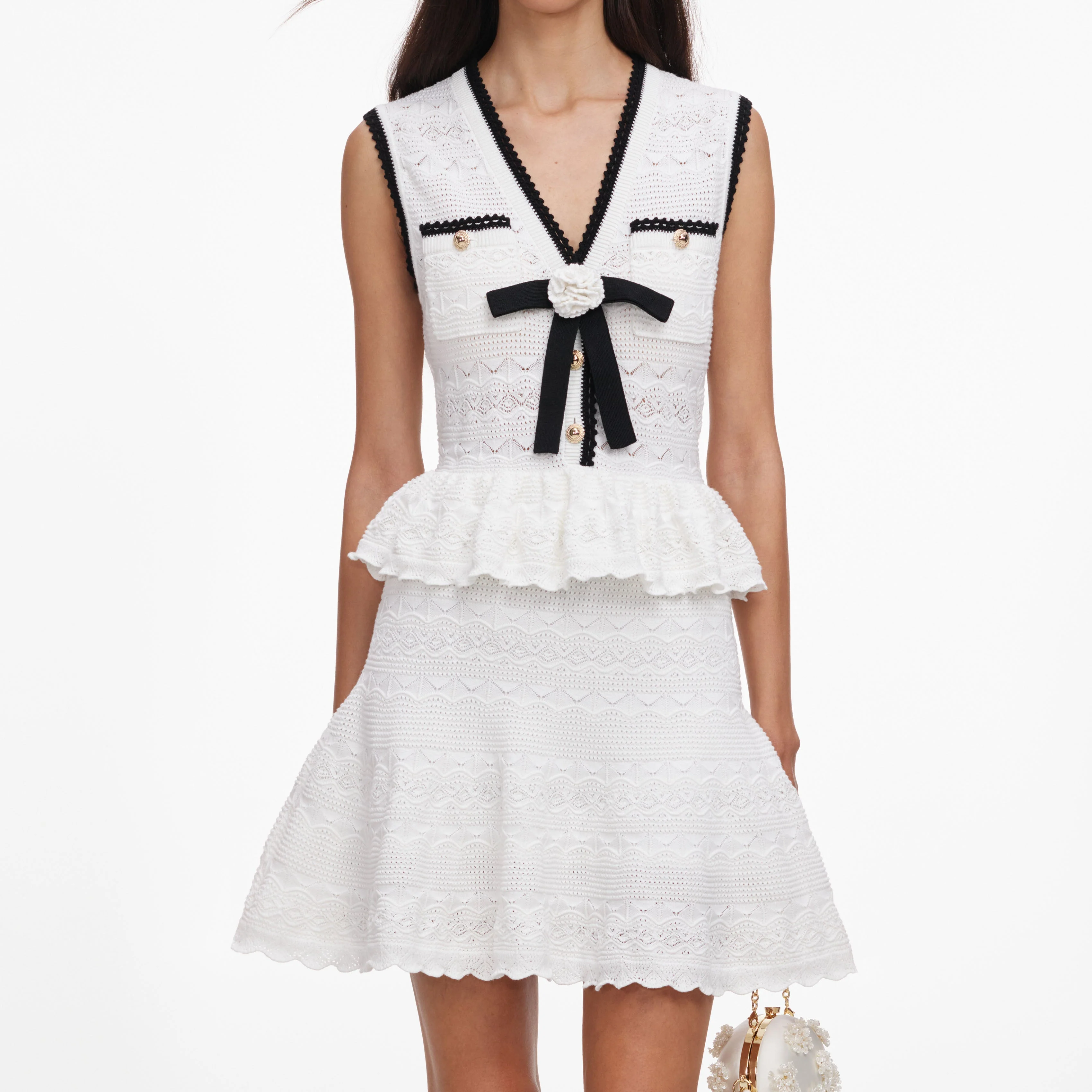 White Peplum Pointelle Knit Mini Dress - Image 4