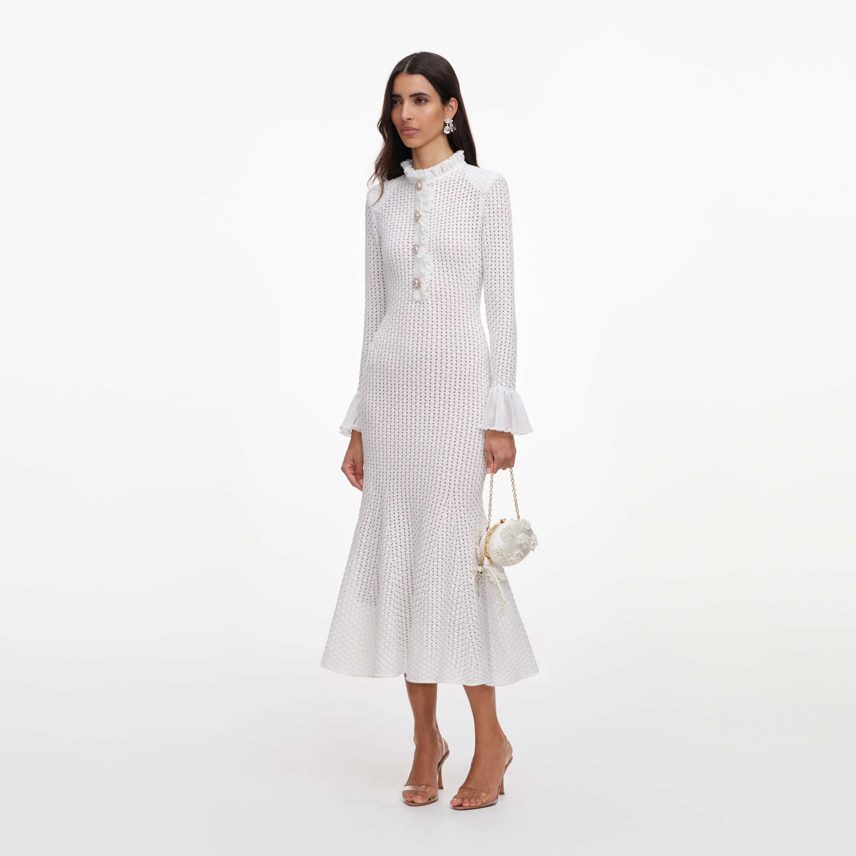 White Pointelle Knit Flare Midi Dress - Image 2