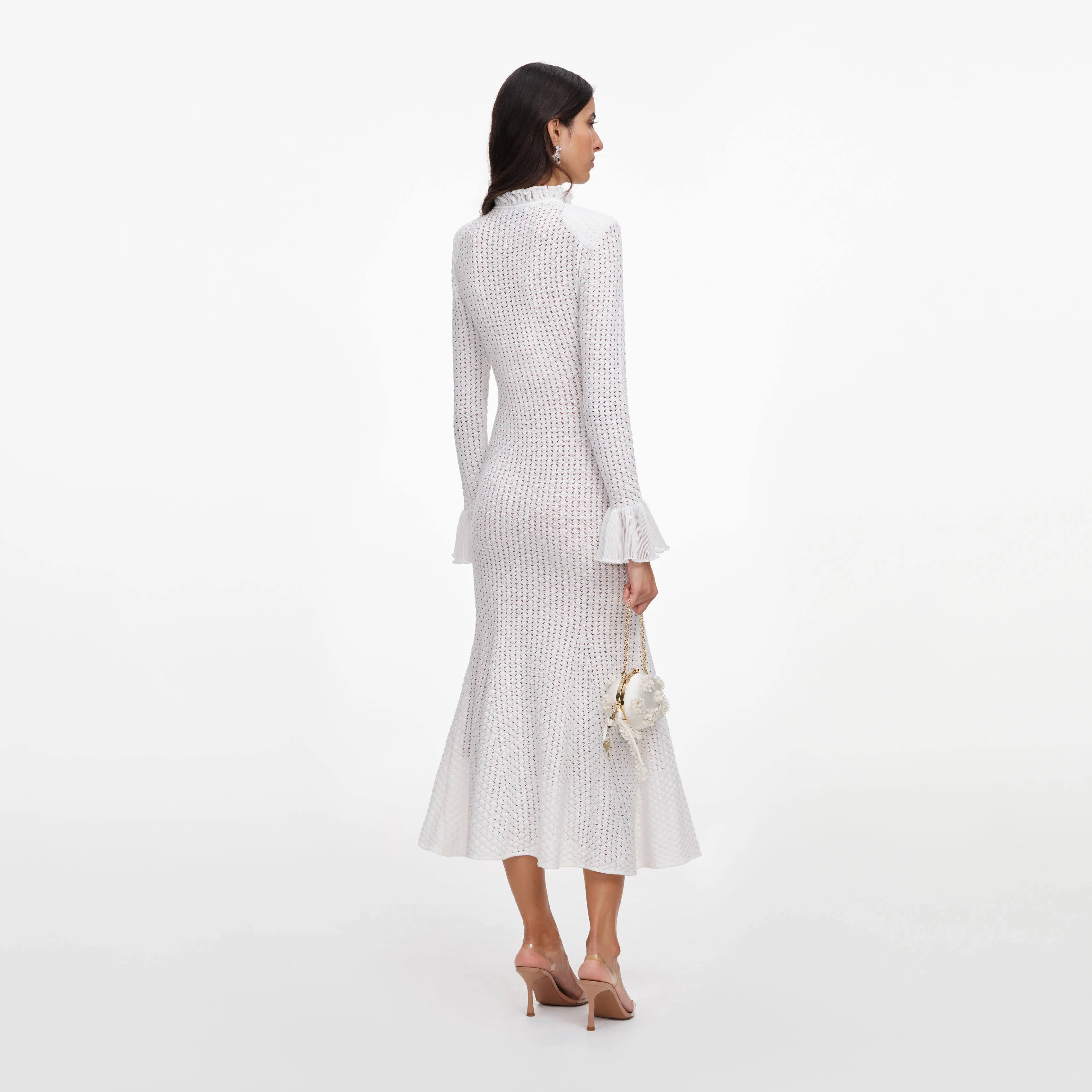 White Pointelle Knit Flare Midi Dress - Image 3