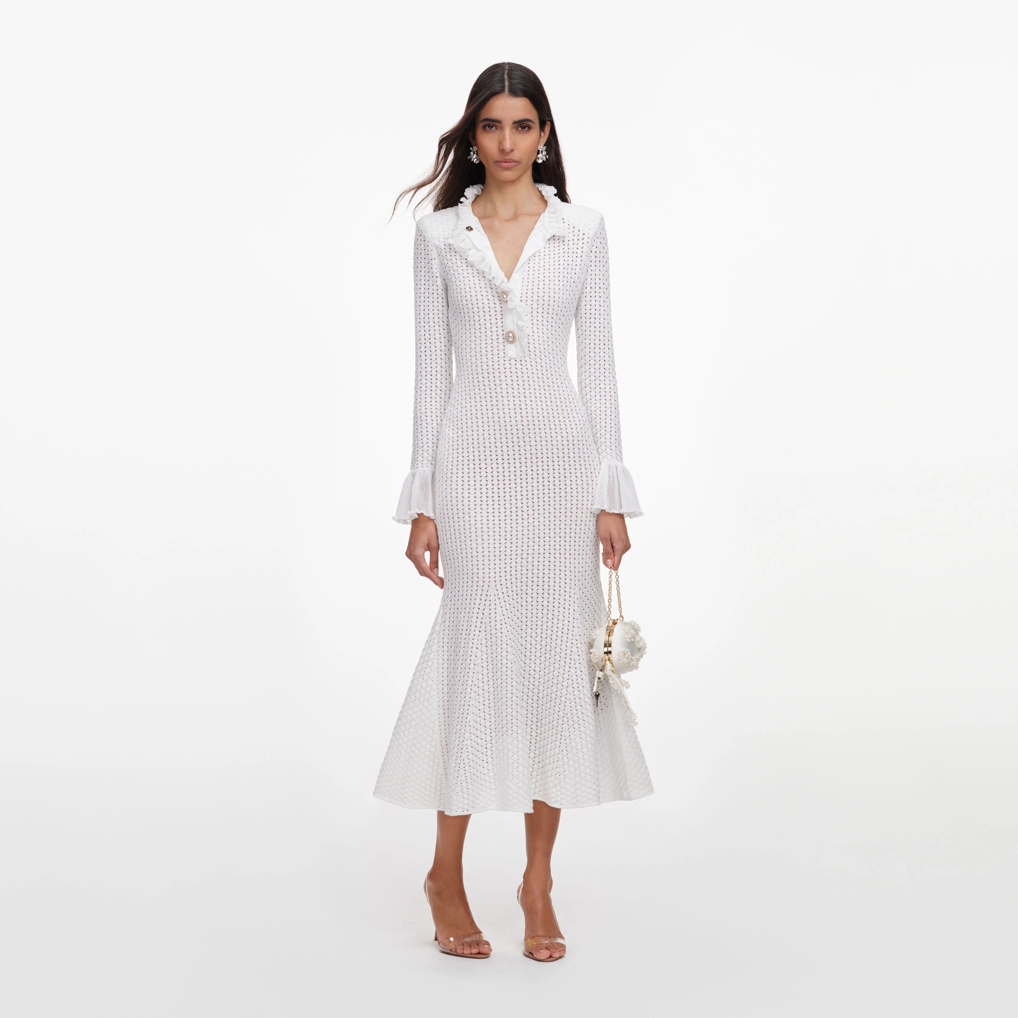 White Pointelle Knit Flare Midi Dress - Image 4