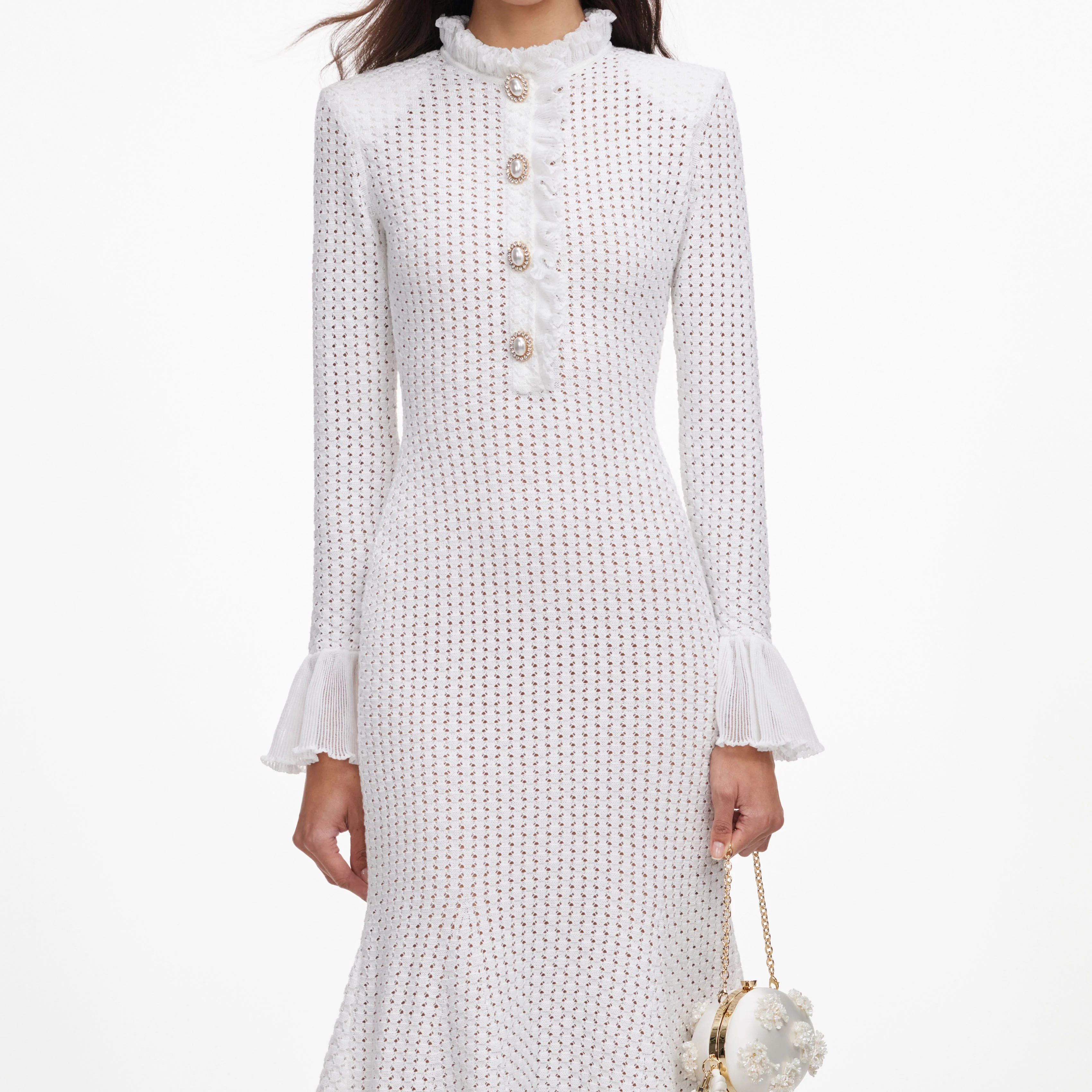 White Pointelle Knit Flare Midi Dress - Image 5