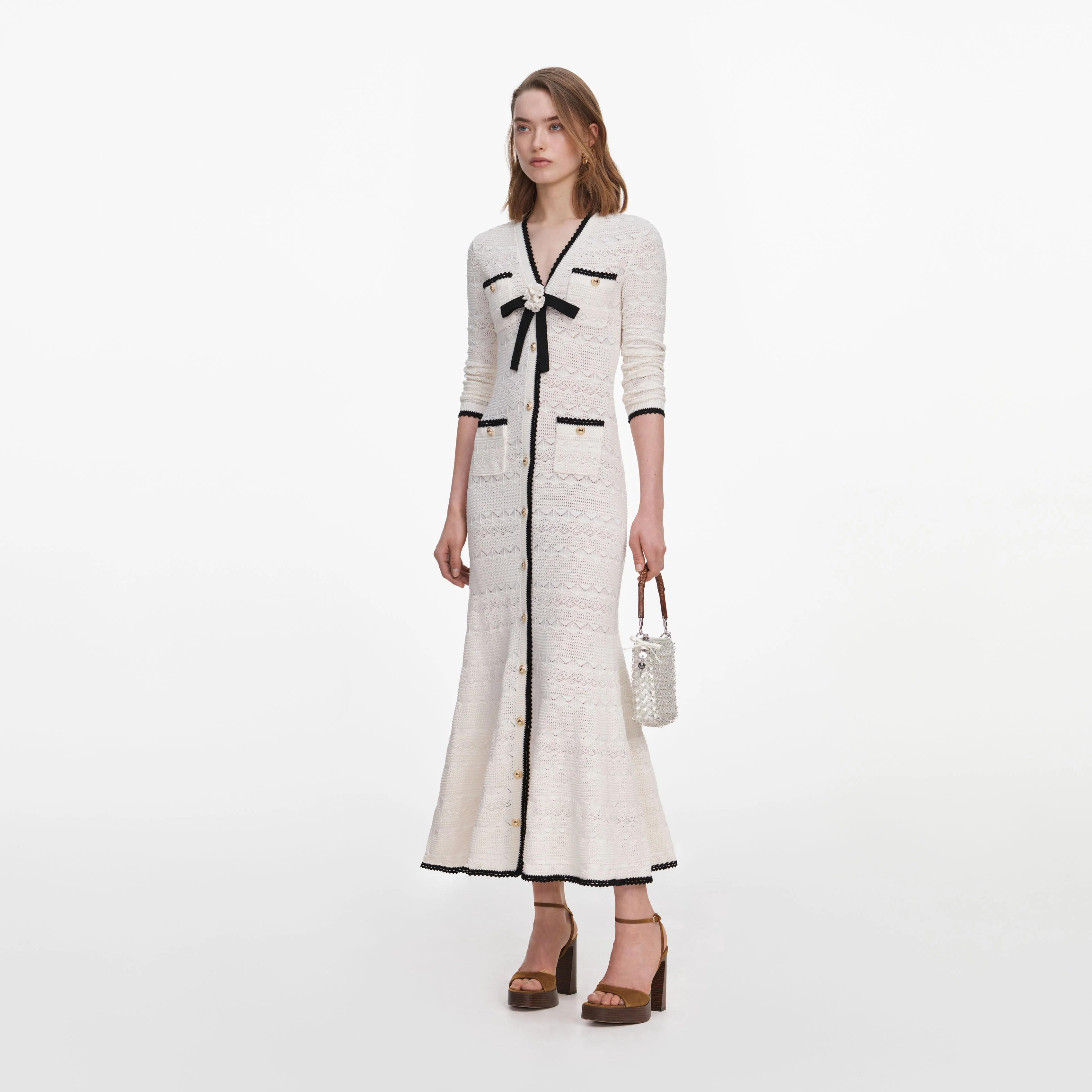 White Pointelle Knit Long Cardigan - Image 2