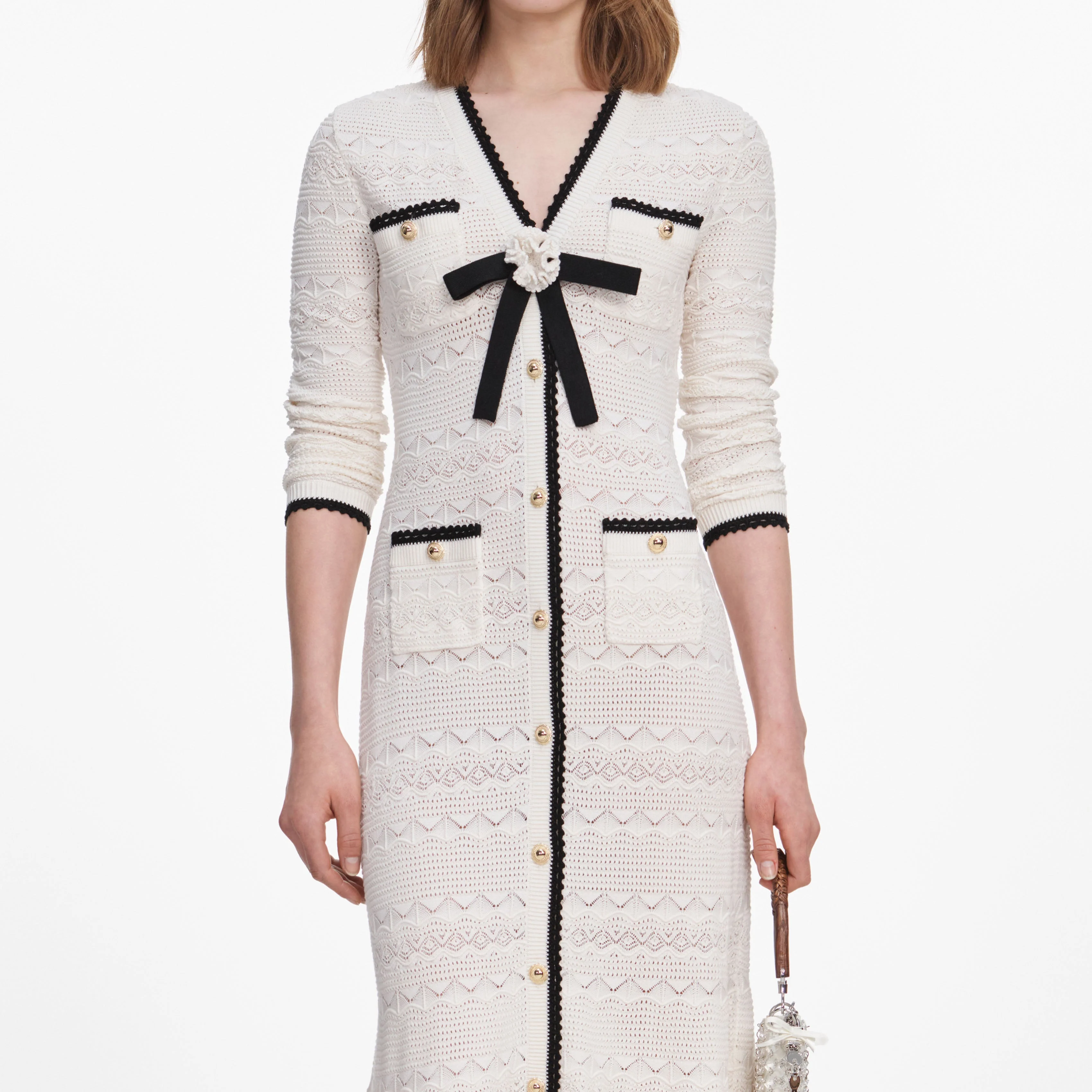 White Pointelle Knit Long Cardigan - Image 4