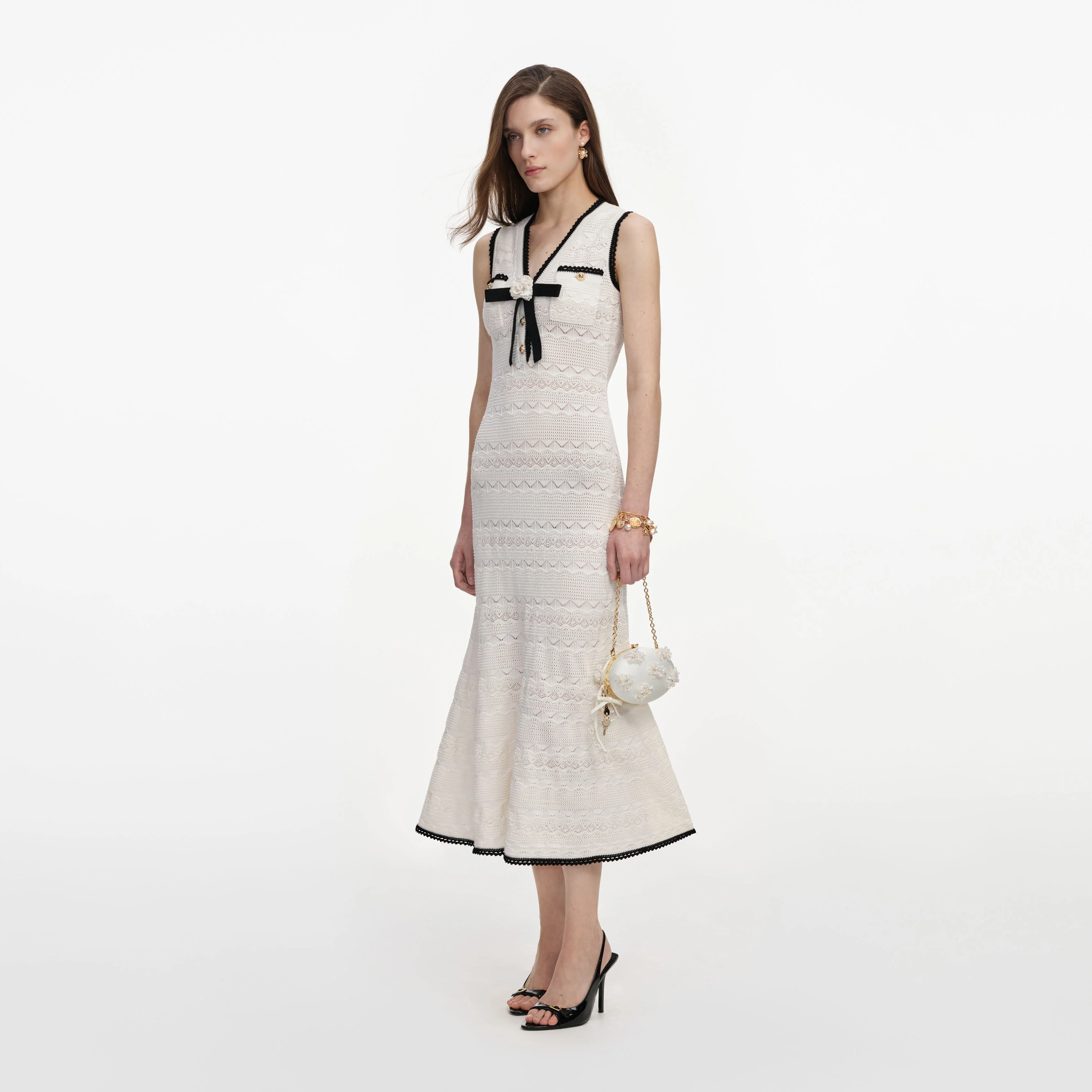 White Pointelle Knit Bow Midi Dress - Image 2
