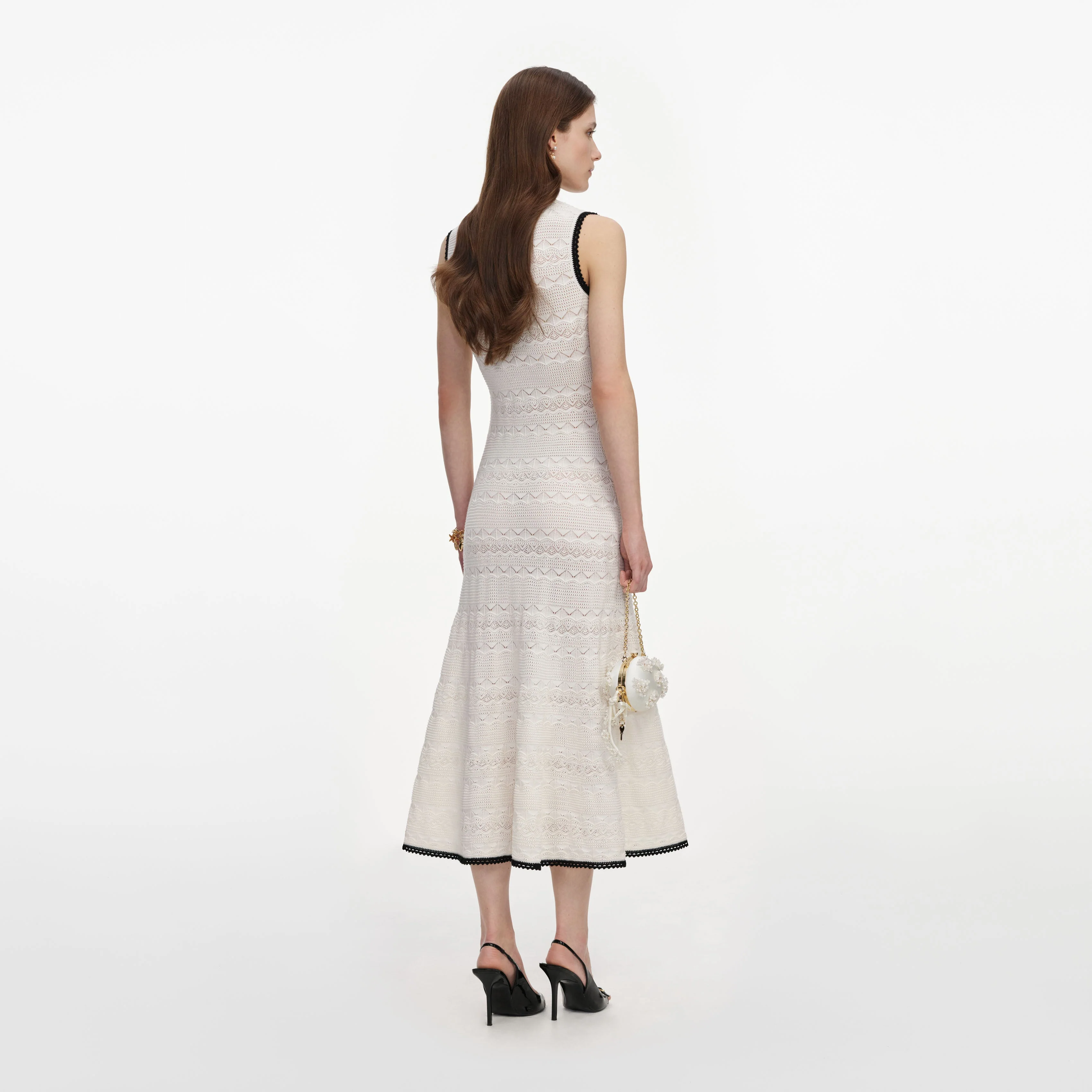 White Pointelle Knit Bow Midi Dress - Image 3