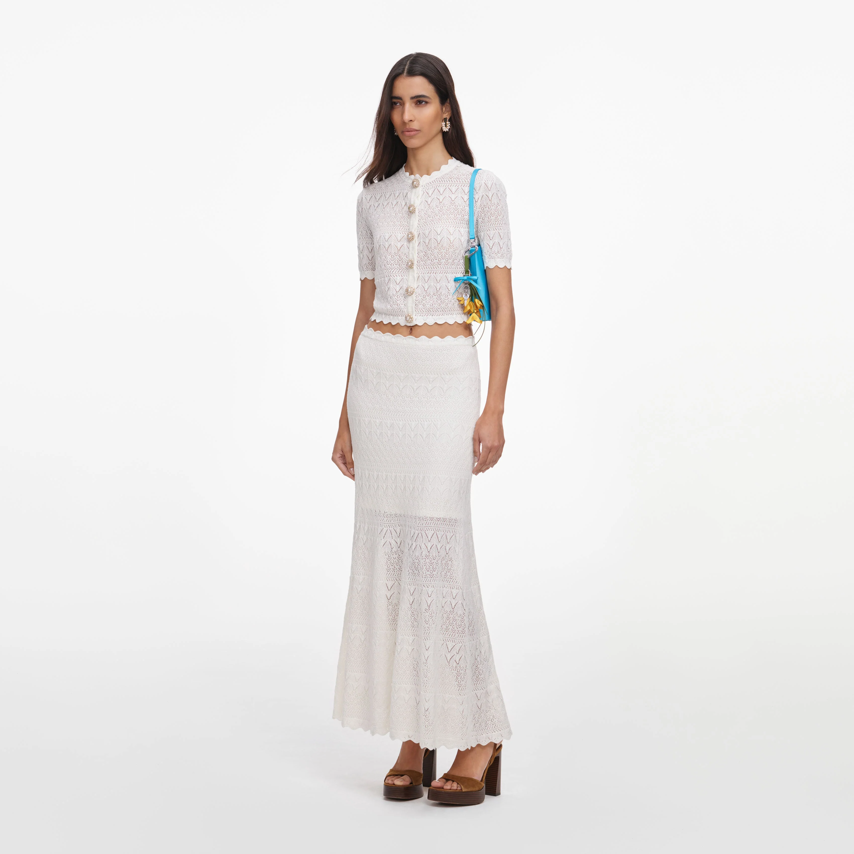 White Pointelle Knit Midi Skirt - Image 2