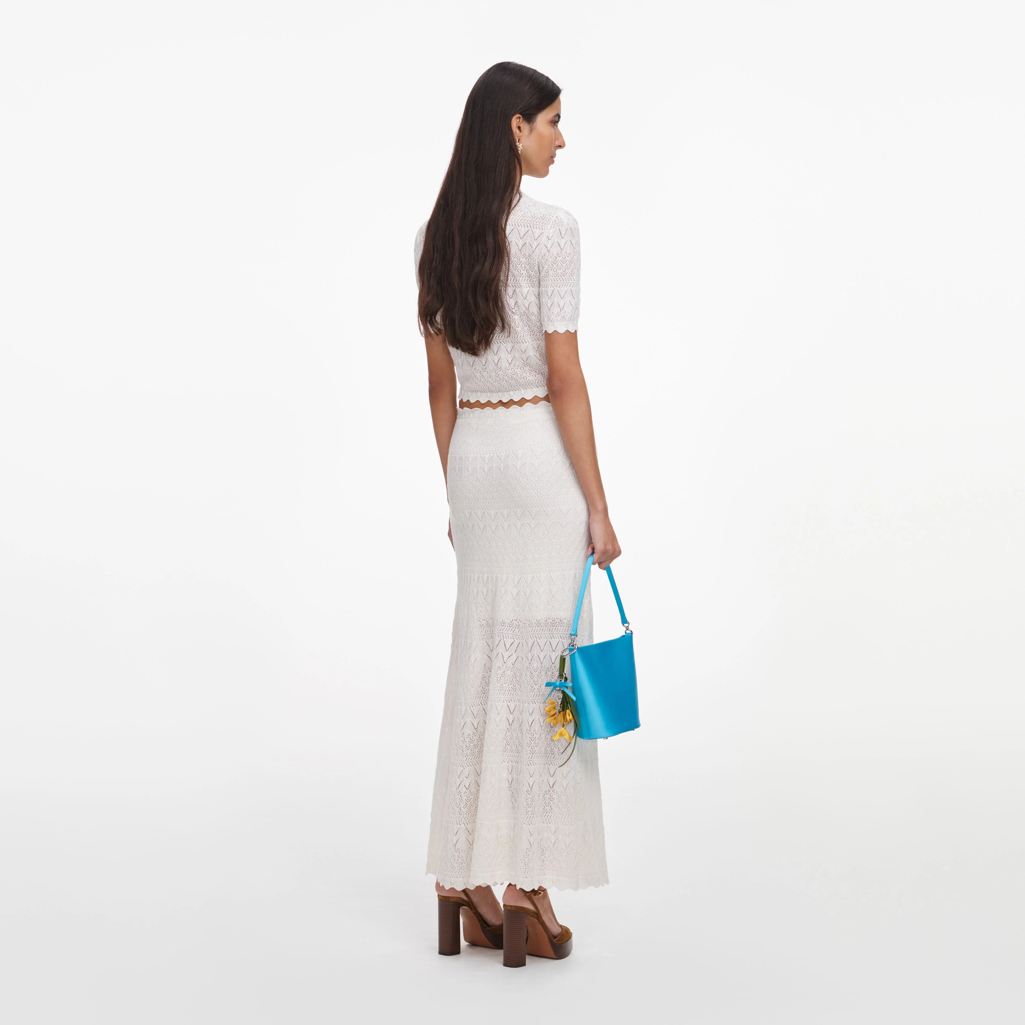 White Pointelle Knit Midi Skirt - Image 3