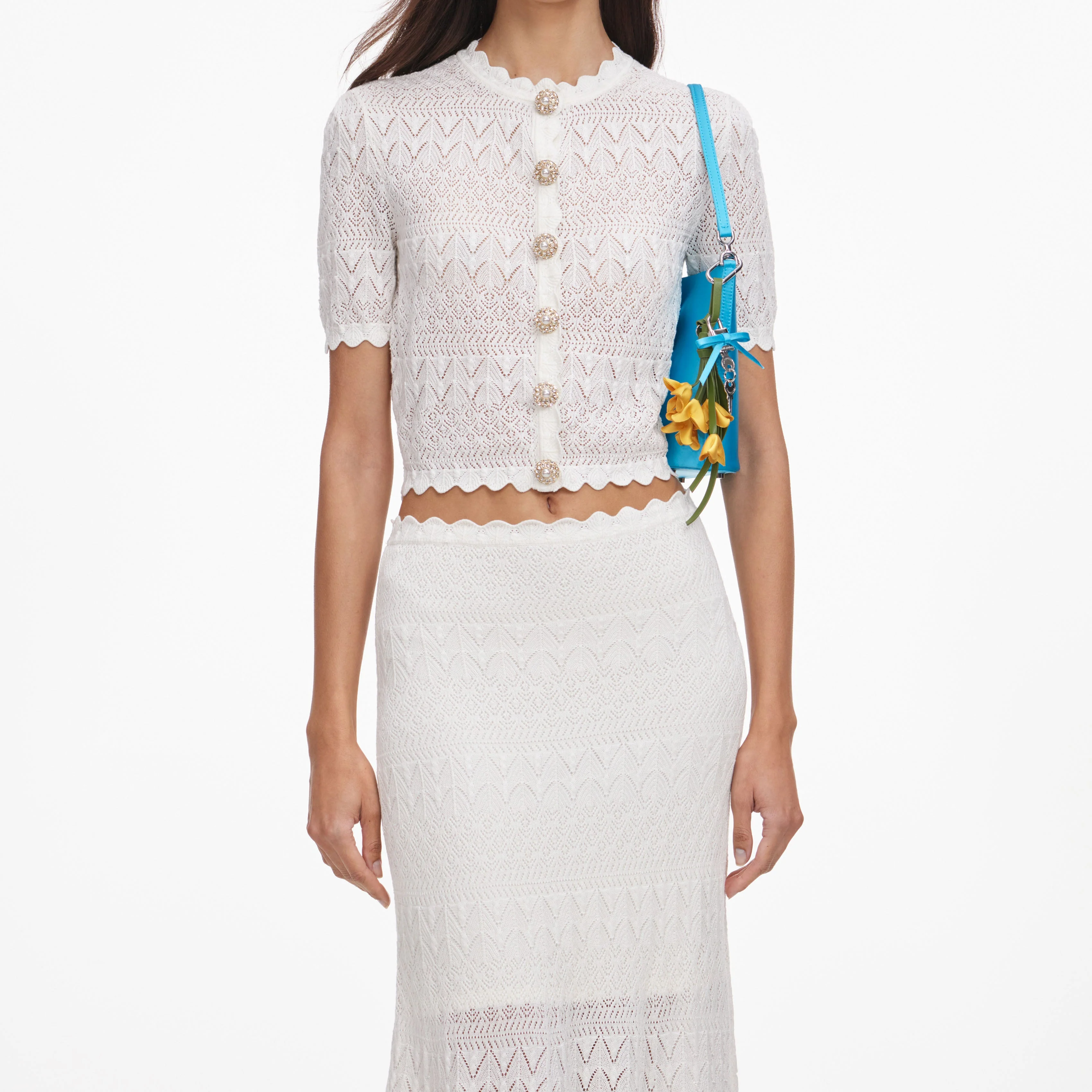 White Pointelle Knit Midi Skirt - Image 4