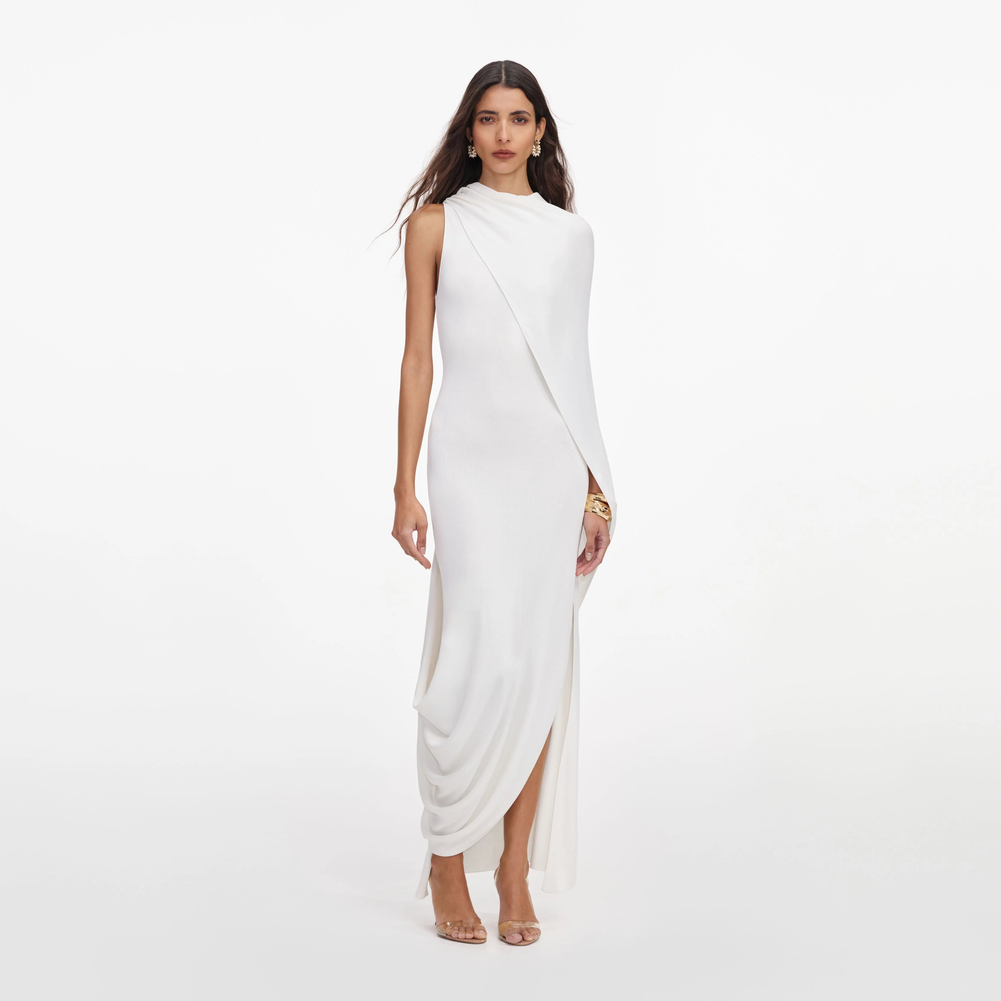 White Viscose Knit Drape Maxi Dress