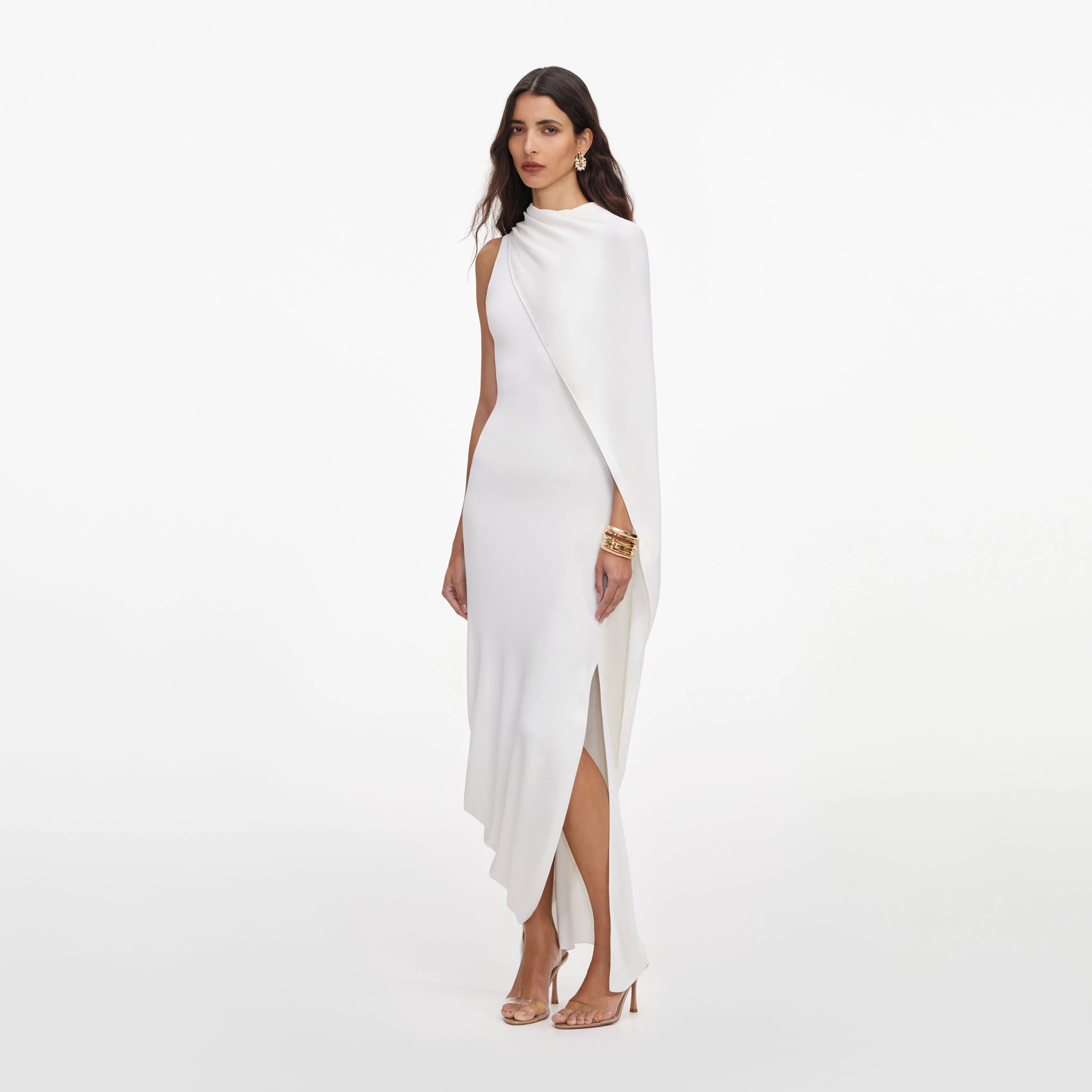 White Viscose Knit Drape Maxi Dress - Image 2
