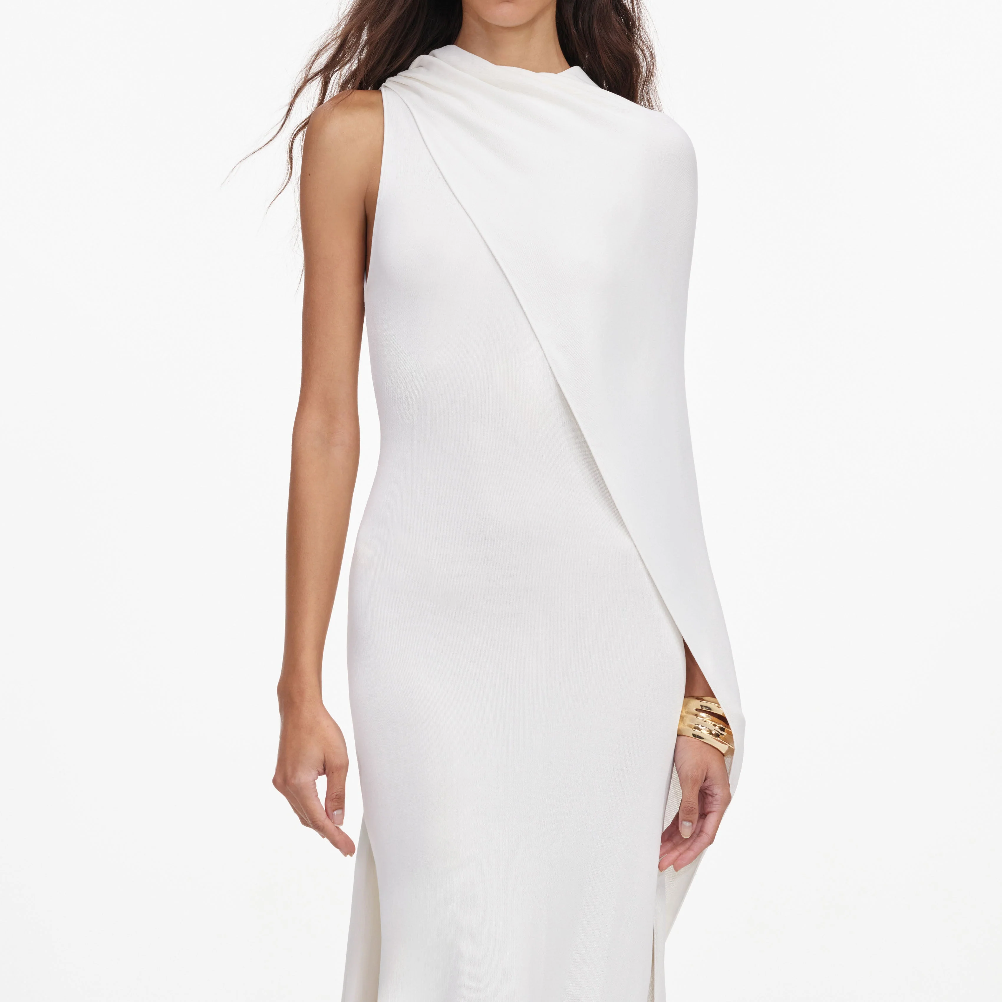 White Viscose Knit Drape Maxi Dress - Image 4