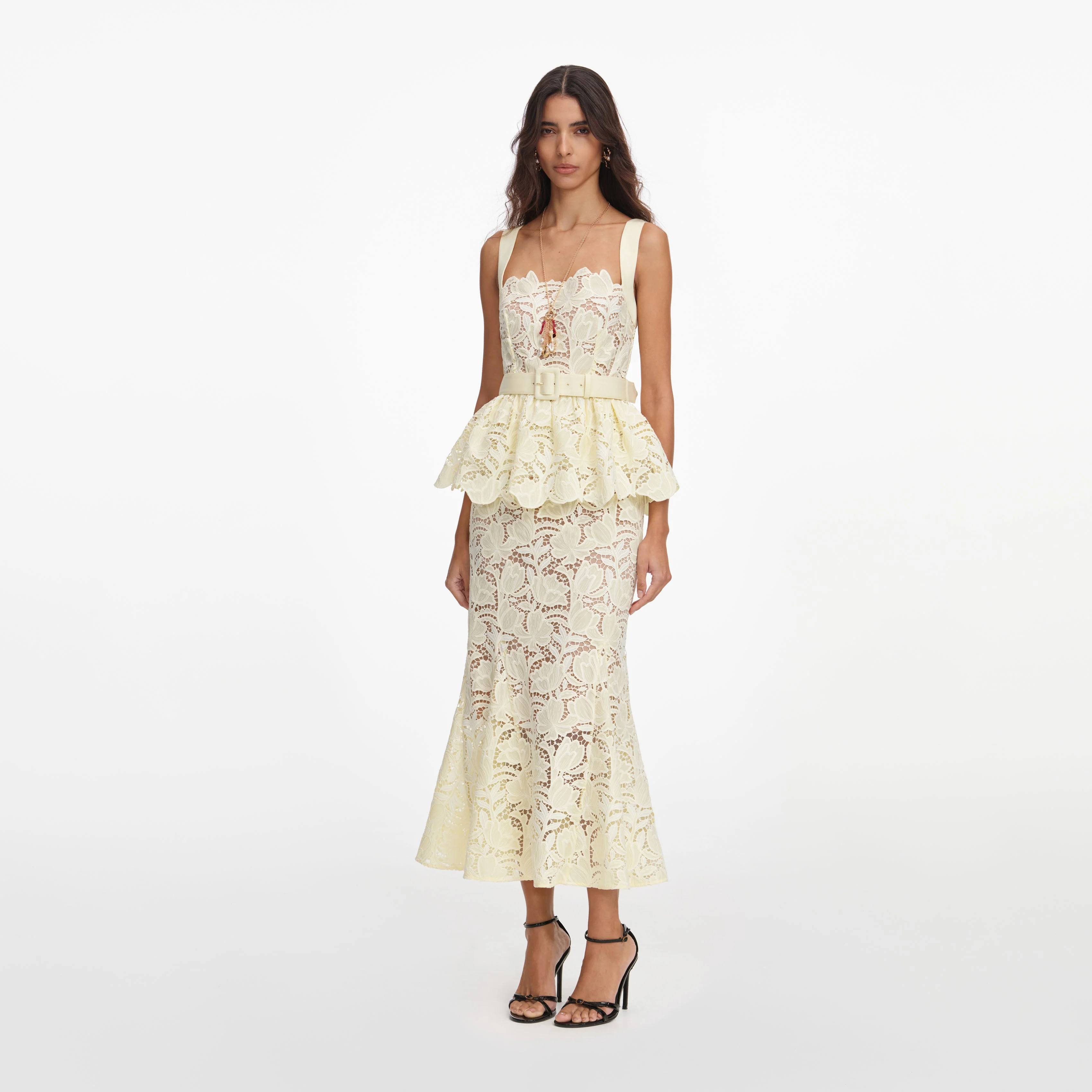Yellow Lace Peplum Midi Dress - Image 2