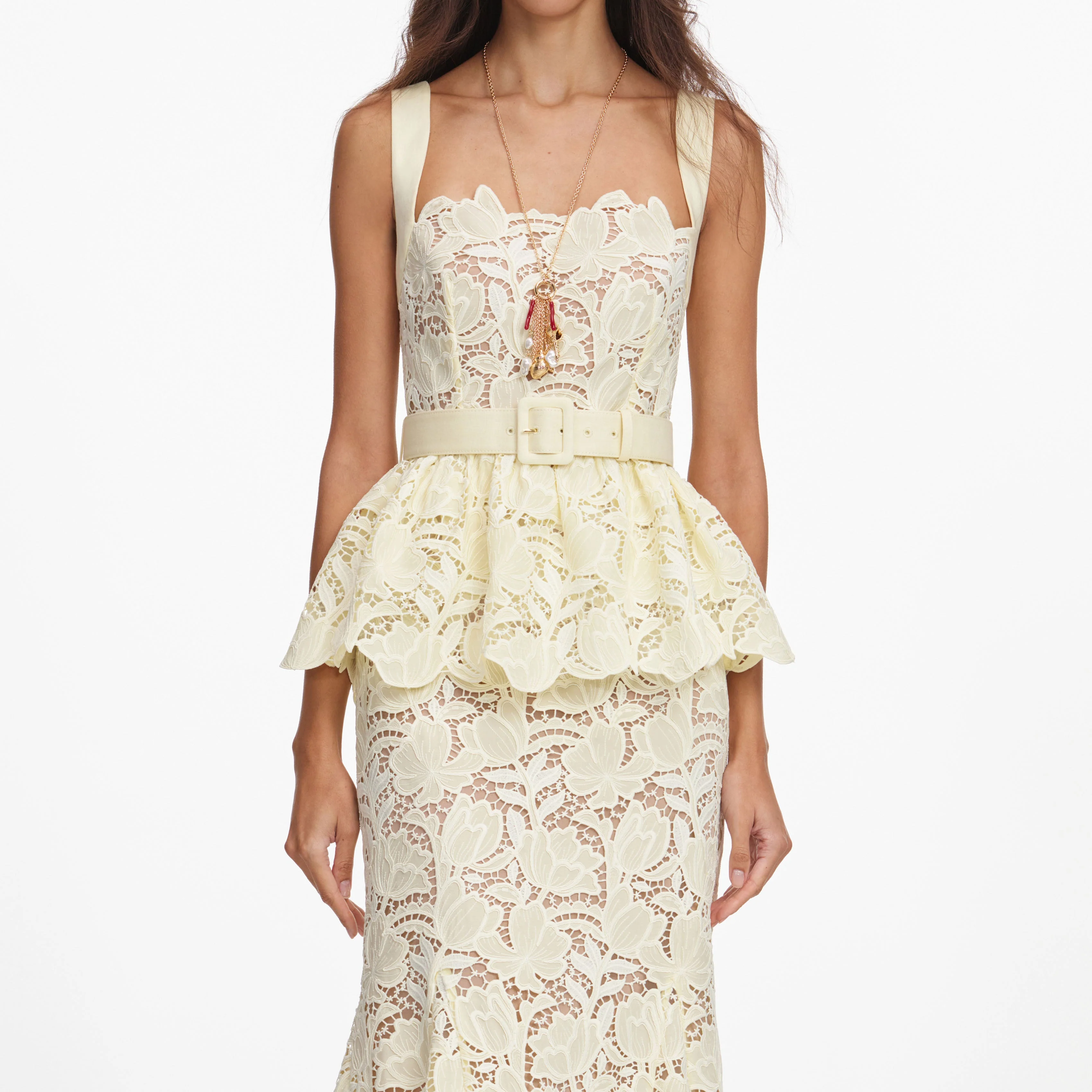 Yellow Lace Peplum Midi Dress - Image 4