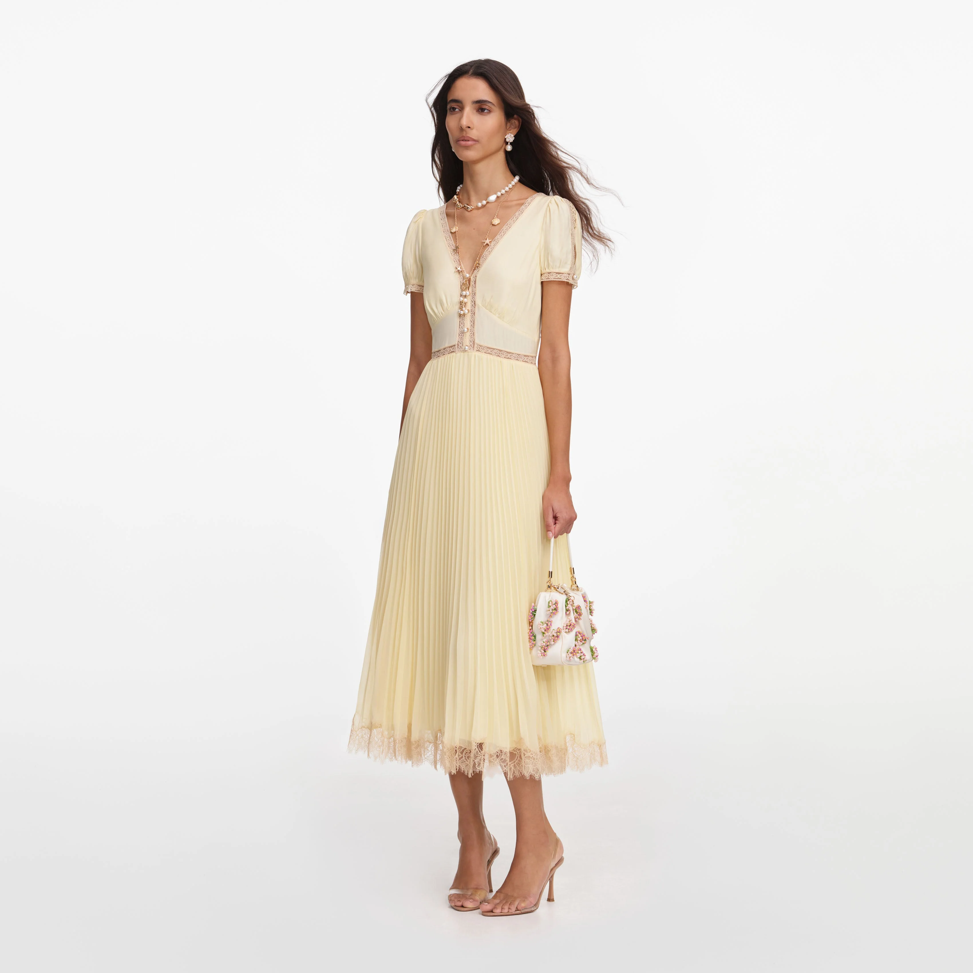 Yellow Viscose Pleated Lace Midi Dress - Image 2