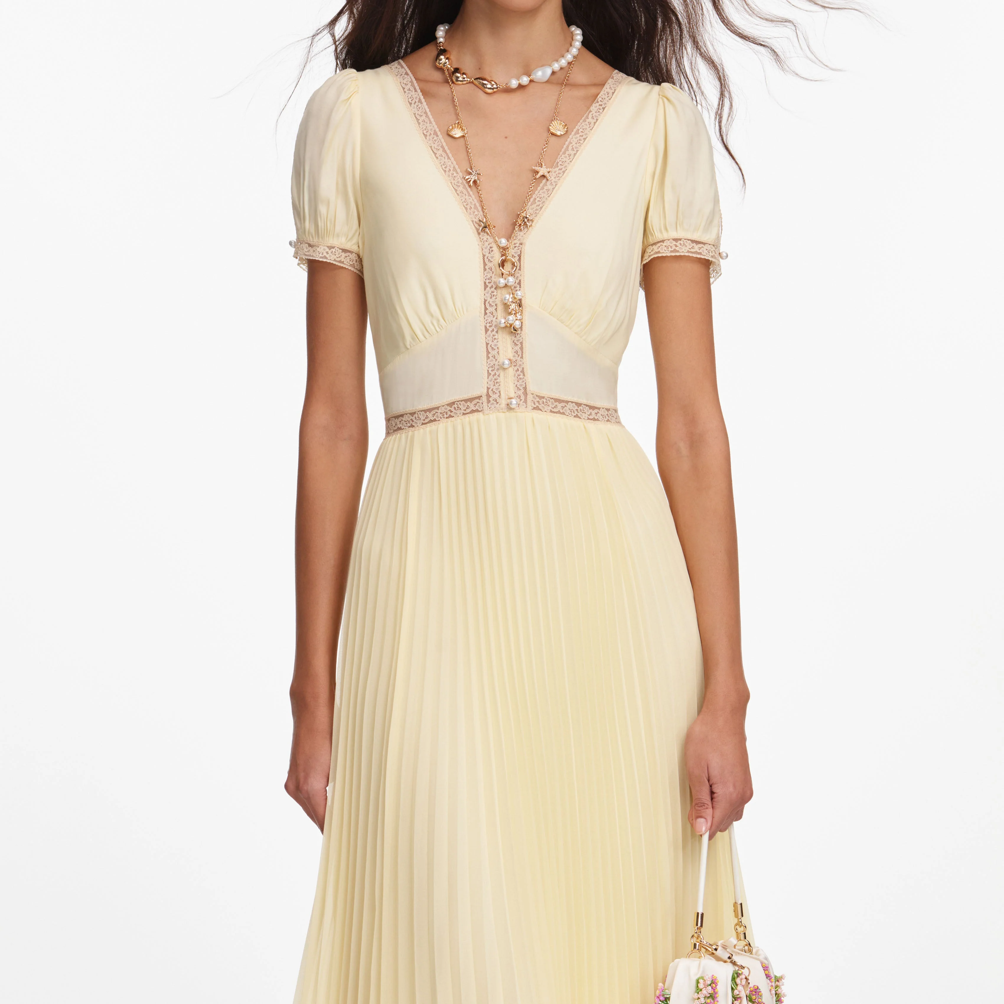 Yellow Viscose Pleated Lace Midi Dress - Image 4