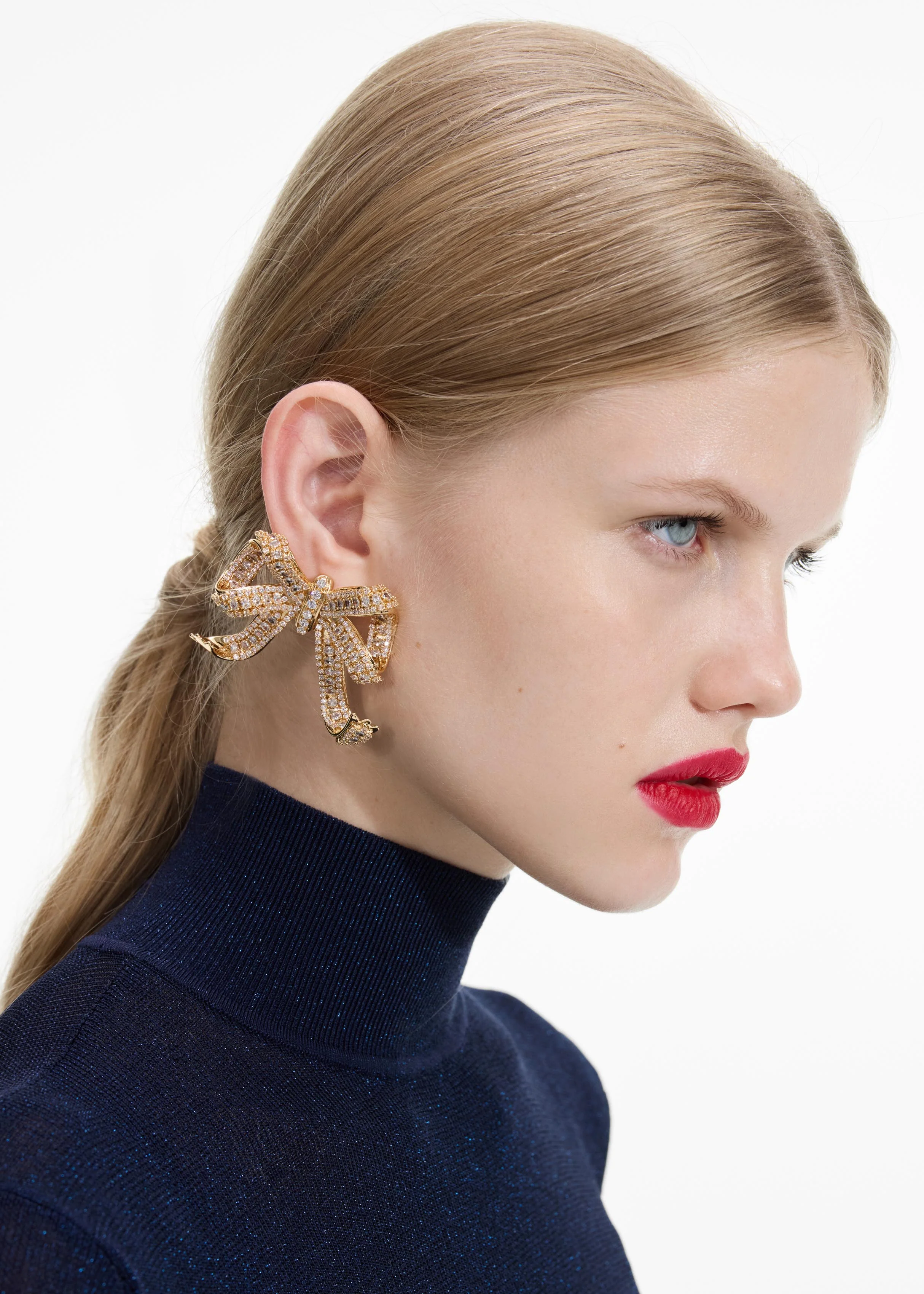 Gold Crystal Bow Earrings - Image 2