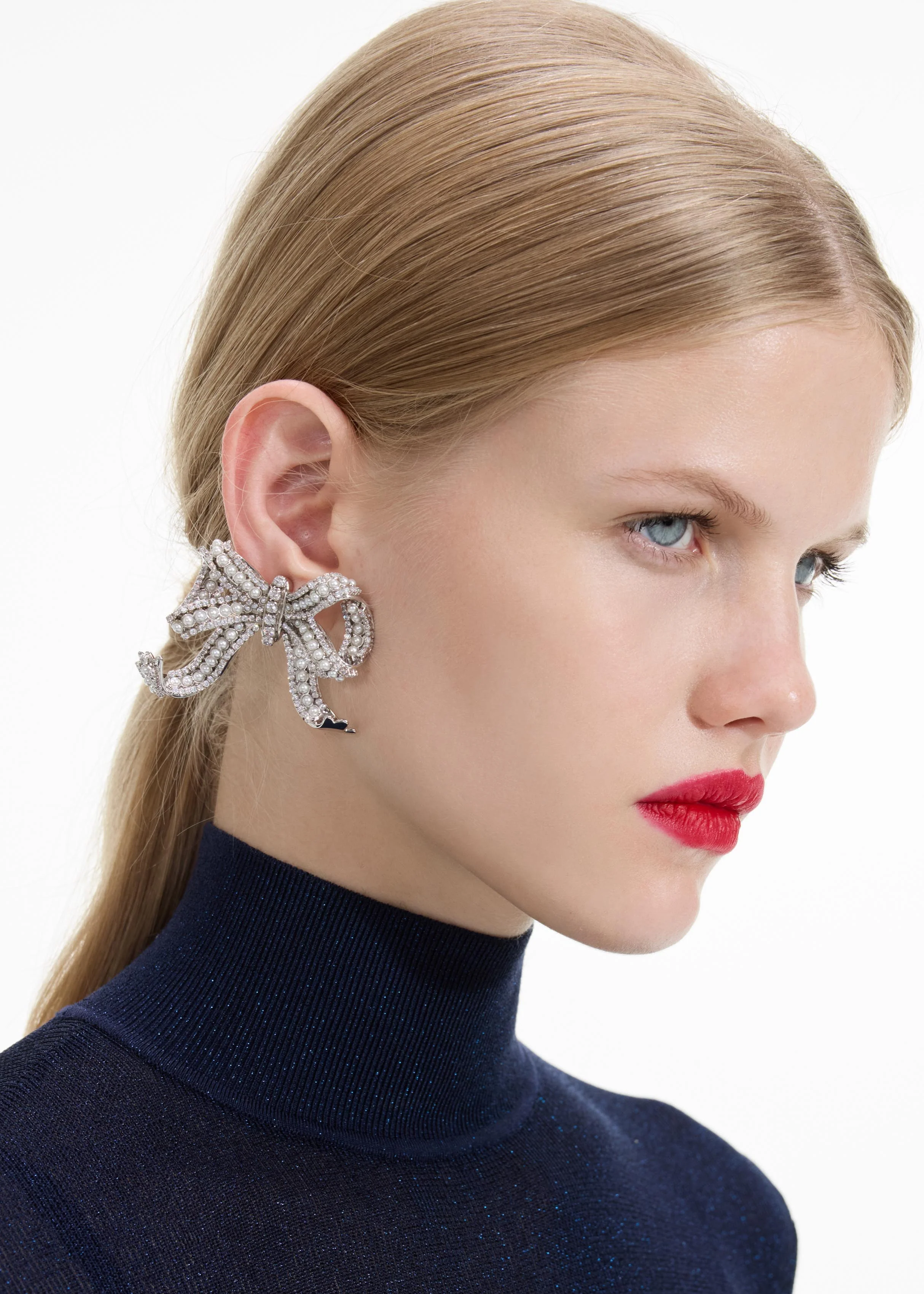 Pearl Crystal Bow Earrings - Image 2
